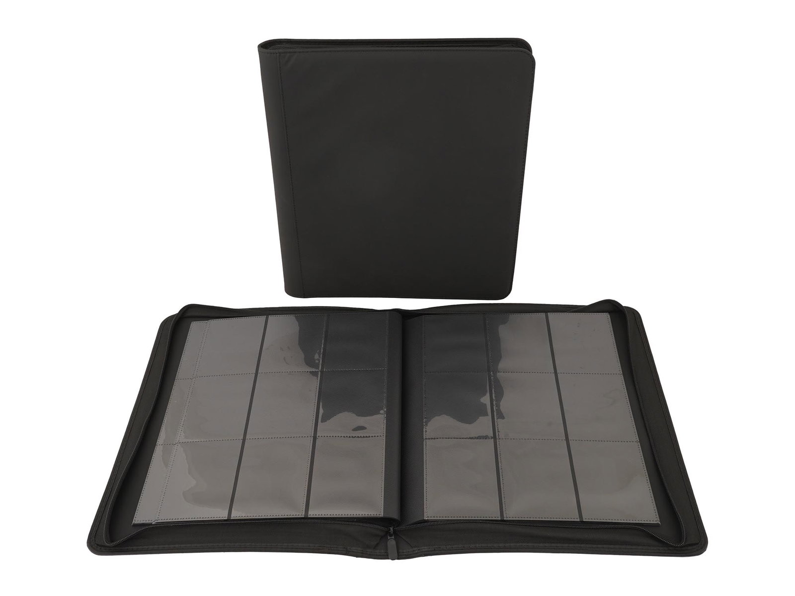 TWO BLACK TRADING CARD BINDERS WITH 9 POCKETS: A lot of two black trading card binders with 9 pockets. Designed for storing and protecting trading cards. Accessories, Storage And Display Pieces. THIS LOT IS ELIGIBLE FOR A 30-DAY UNCONDITIONAL