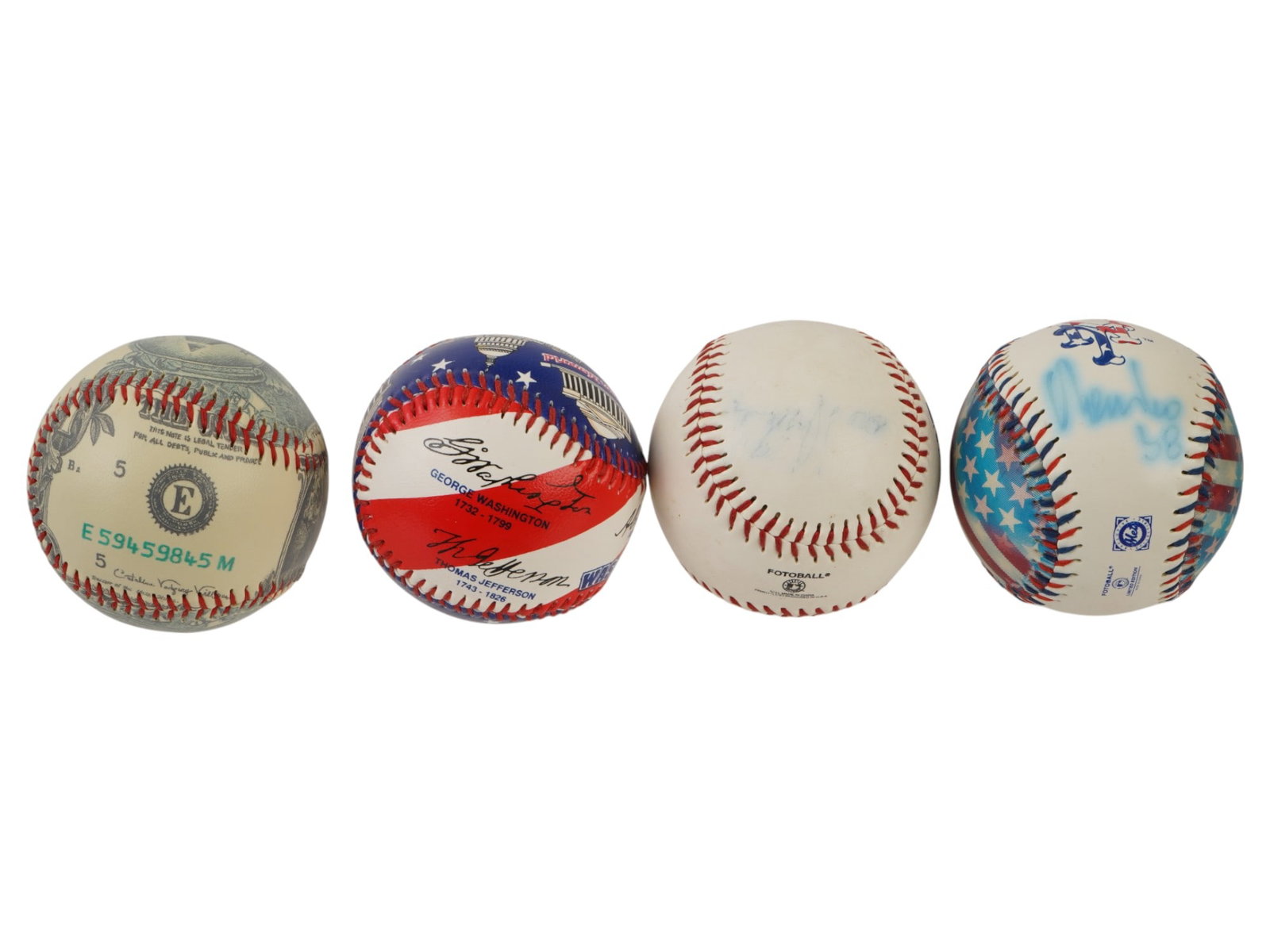 LOT OF 4 COMMEMORATIVE BASEBALLS 1 WORN SIGNATURE: A lot of four baseballs, primarily featuring commemorative event logos. One ball in the lot includes an autograph that has faded over time, while the others serve as excellent display pieces. MLB,