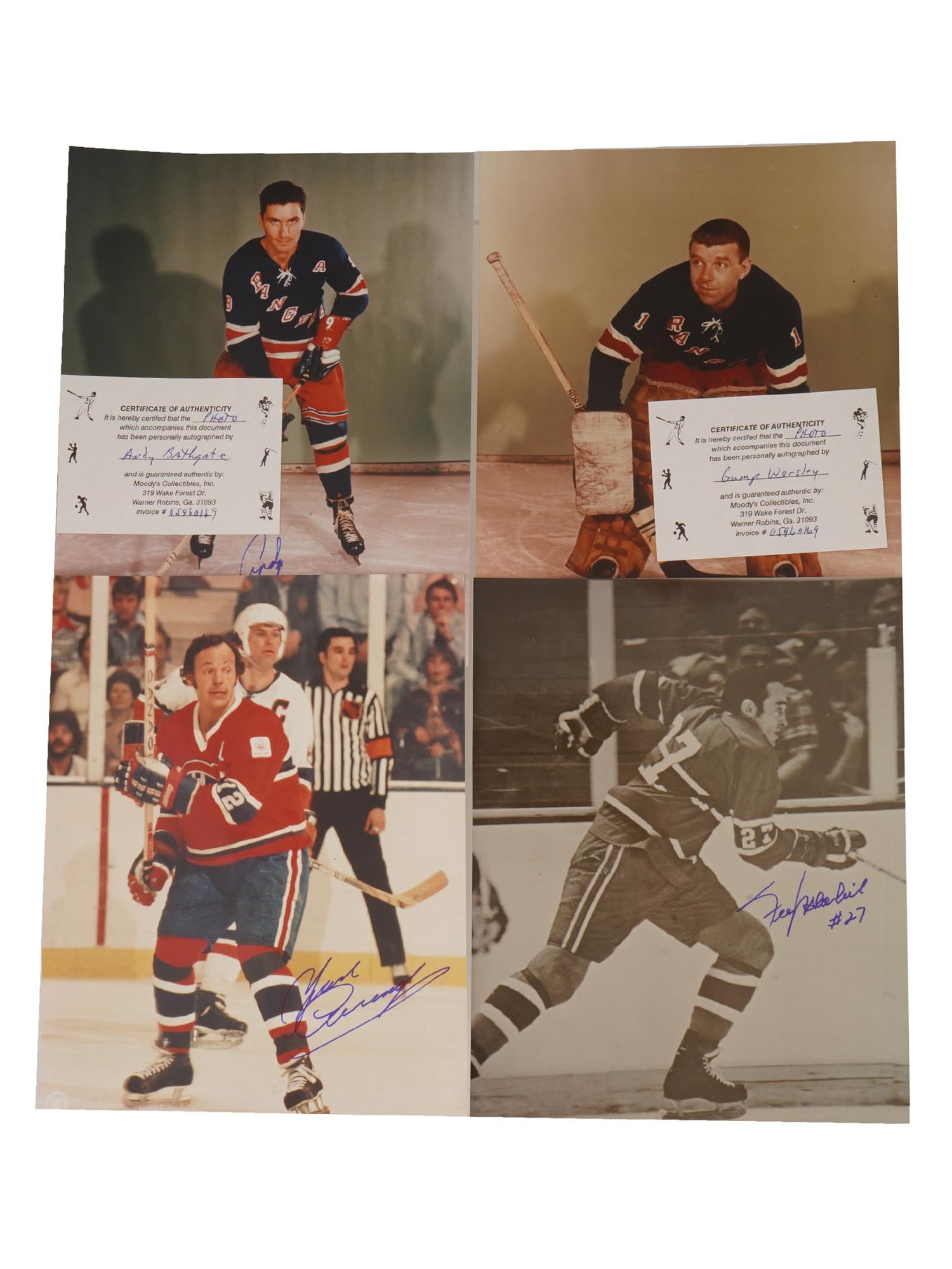 VINTAGE AUTOGRAPHED PHOTOGRAPHS OF NHL PLAYERS: A collection of four vintage autographed photographs of NHL players, accompanied by certificates of authenticity. The group includes Andy Bathgate, Hockey Hall of Famer and former New York Rangers sta
