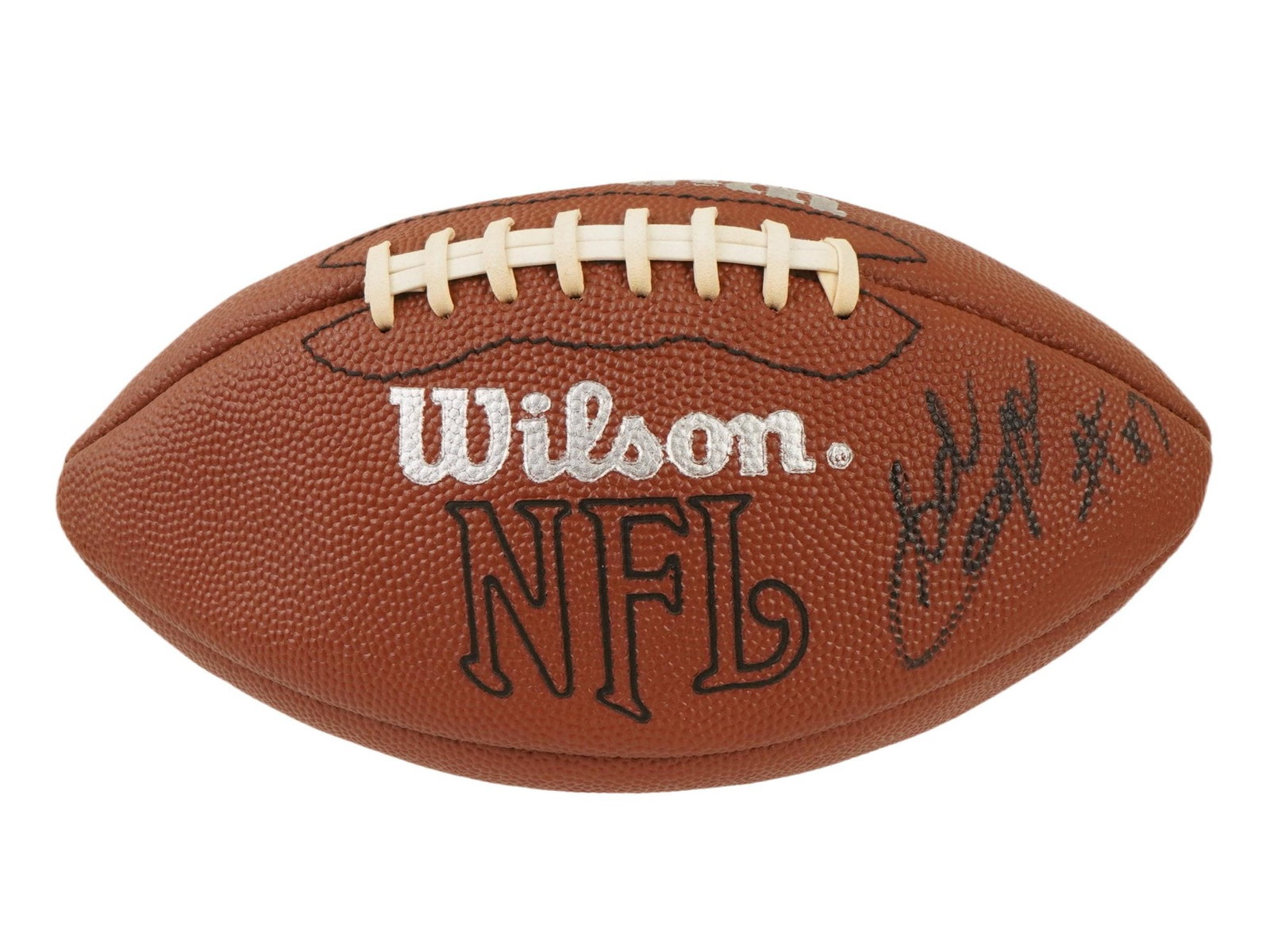 US WILSON OFFICIAL NFL FOOTBALL AUTOGRAPHED BY PLAYERS: A vintage American Wilson Official NFL football. The ball is autographed and inscribed with numbers by players. Marked, Wilson NFL, on the front. The official NFL football, known as The Duke, is named