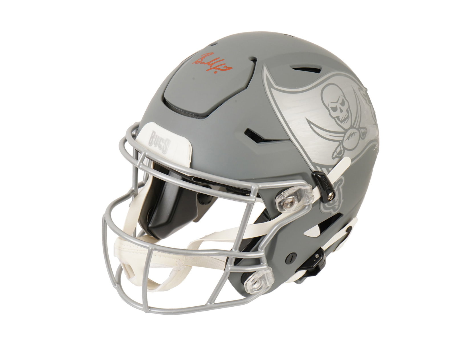 BAKER MAYFIELD RED INK SIGNED BUCCANEERS SLATE SPEED HELMET: This premier lot features a Riddell Speed full-size Tampa Bay Buccaneers helmet in the modern "Slate" alternate finish, uniquely hand-signed by quarterback Baker Mayfield in a striking red paint pen. 