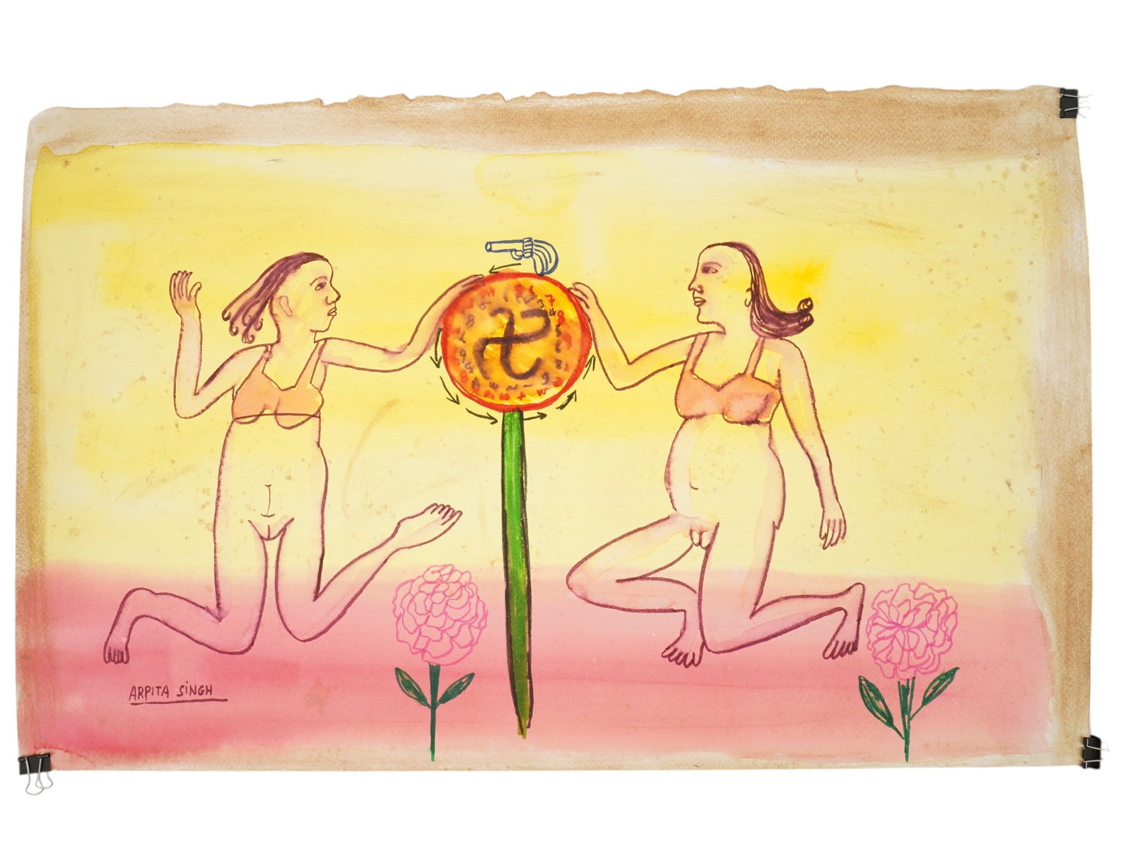 MID CENTURY INDIAN ARTWORK SIGNED ARPITA SINGH: A mid-century Indian school mixed media artwork on paper titled Feminine Fable signed Arpita Singh. This piece exemplifies Singhs distinctive figurative style, featuring soft, fleshy female forms comb
