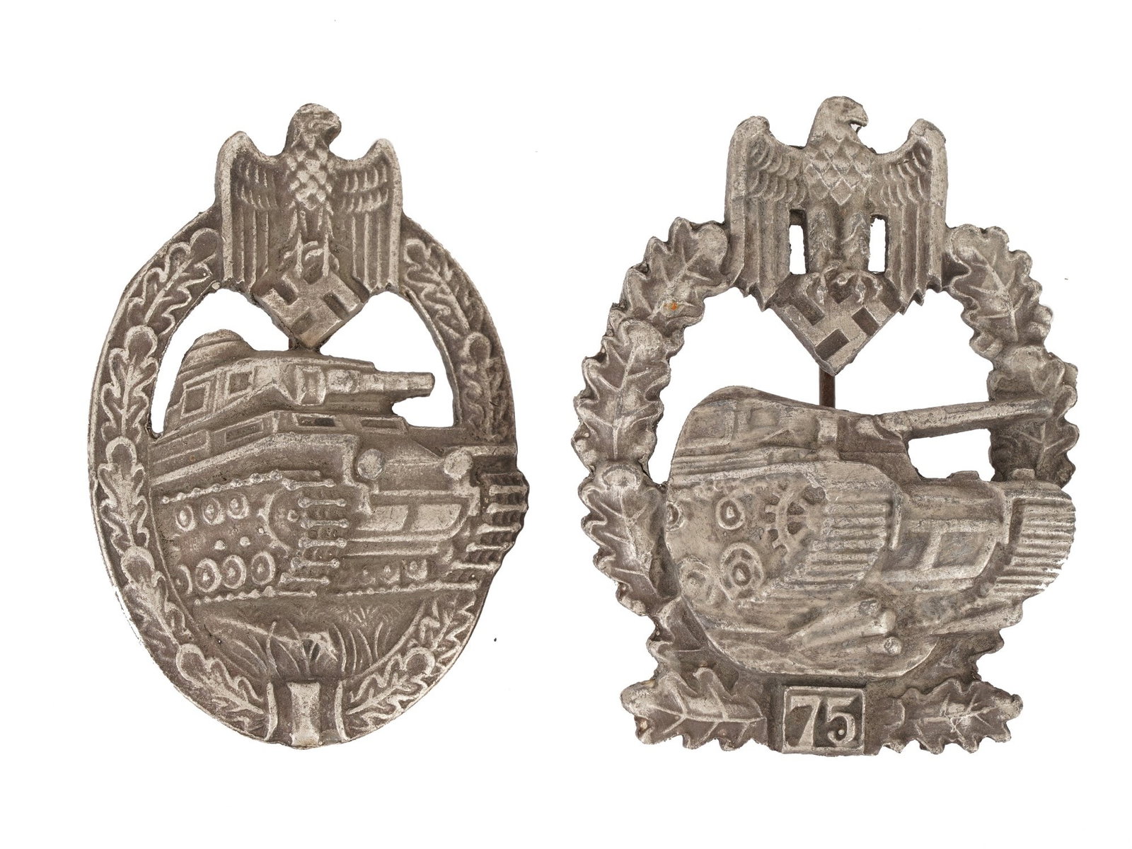 PAIR OF WWII MODEL NAZI GERMAN MILITARY BADGES: A pair of WWII model Nazi German military decorations. Heer Tank Assault for 3 and 75 assaults. One is marked WaA 103 on the backside. World War II Historical Collectibles And Memorabilia, Military Un