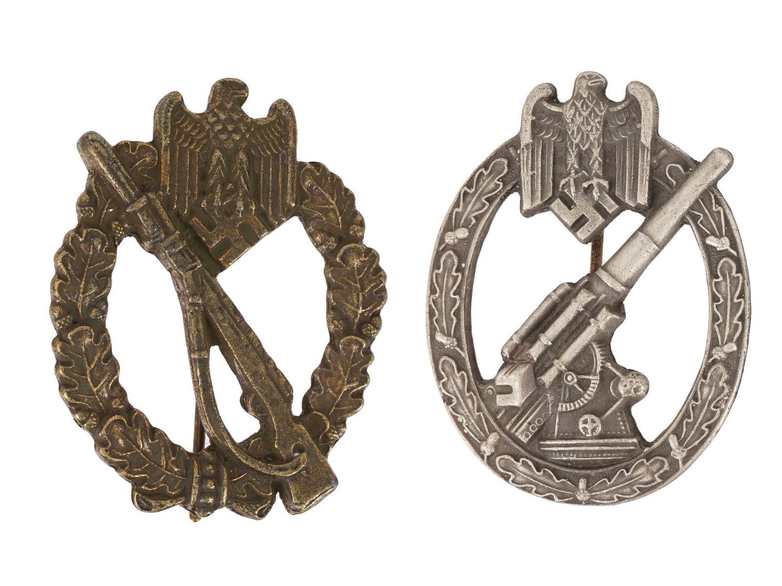 PAIR OF WWII MODEL NAZI GERMAN MILITARY BADGES: A pair of WWII model Nazi German military decorations. Anti-Aircraft. Infantry Assault. Both are marked RZM on the backside. World War II Historical Collectibles And Memorabilia, Military Uniform Acce