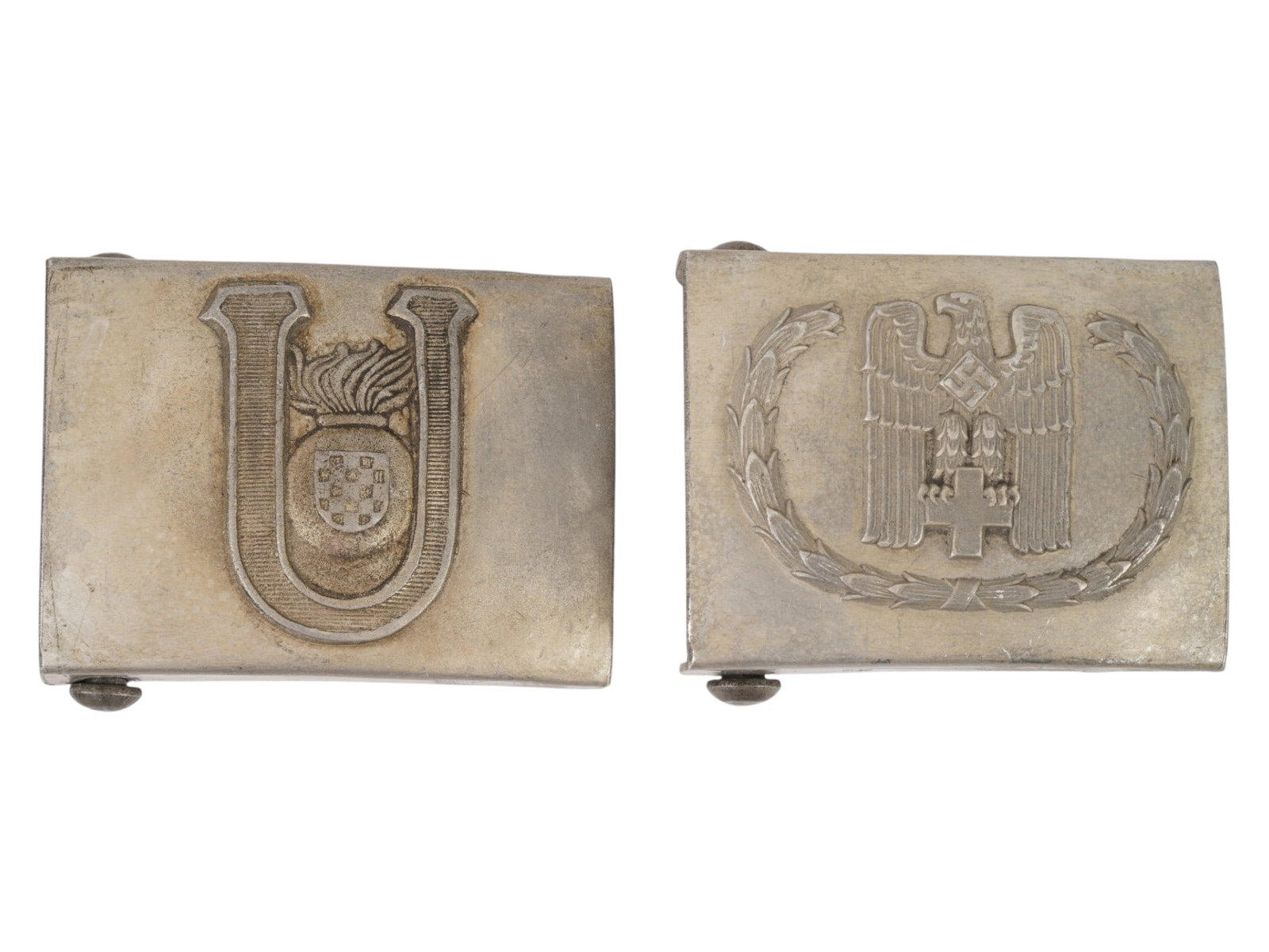 WWII NAZI GERMAN BELT BUCKLES CROATIAN SS AND RED CROSS: A group of two WWII Nazi German belt buckles, including one associated with Croatian SS and another linked to the German Red Cross. Second World War German Third Reich Military Collectibles. TH