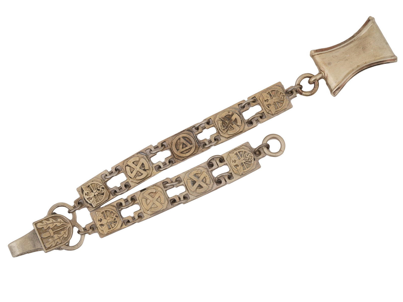 GERMAN WWII MODEL NSKK DAGGER CHAIN HANGERS: A World War II model Nazi German metal link chain hangers for the NSKK dagger. Each link depicts a relief swastika, runes, or eagle. Marked Musterschutz NSKK on the backside. Second World War Historic