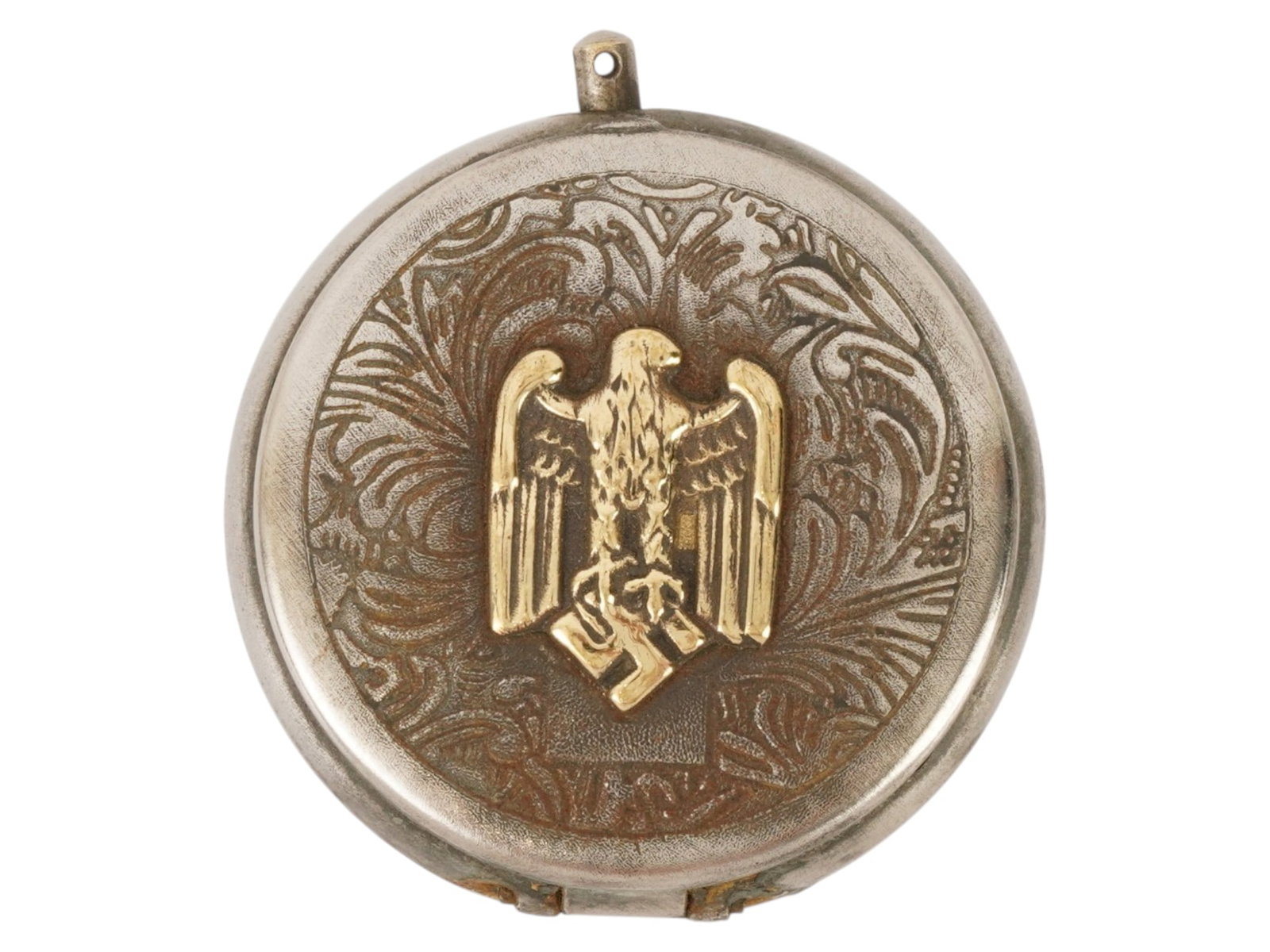 WWII NAZI GERMAN WEHRMACHT HEER POCKET ASHTRAY: A WWII Nazi German pocket ashtray associated with the Wehrmacht Heer, featuring a cover engraved with an eagle clutching a swastika set against a textured background. Second World War German Third Rei