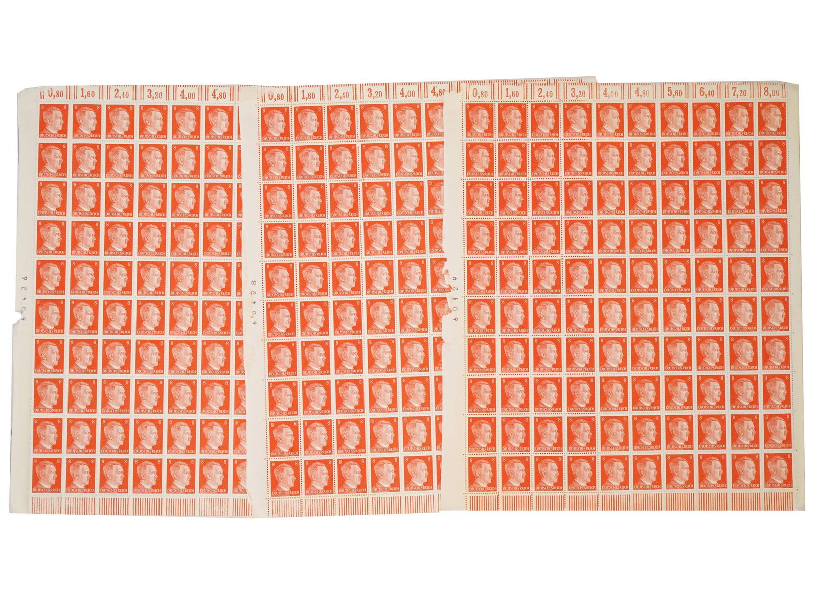 GROUP OF WWII ERA NAZI GERMAN SHEETS OF HITLER STAMPS: A group of three WWII era sheets of Hitler stamps with 8 pfennigs denomination. Each sheet has 100 stamps. A total of 300 postal stamps. These stamps are part of the Adolf Hitler definitive series, is