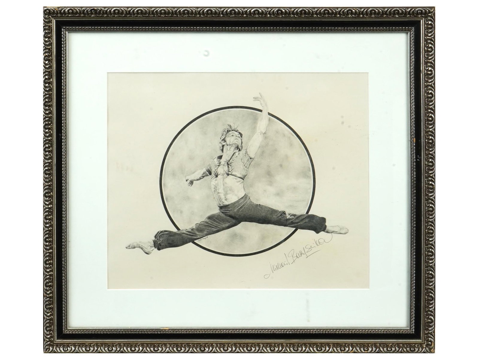 BALLET PENCIL PAINTING SIGNED BY MIKHAIL BARYSHNIKOV: A pencil painting on paper depicting a portrait of Mikhail Nikolayevich Baryshnikov, a Russian Soviet and American ballet dancer, by Walt Peterson, a Contemporary American artist. Signed, copyright, a