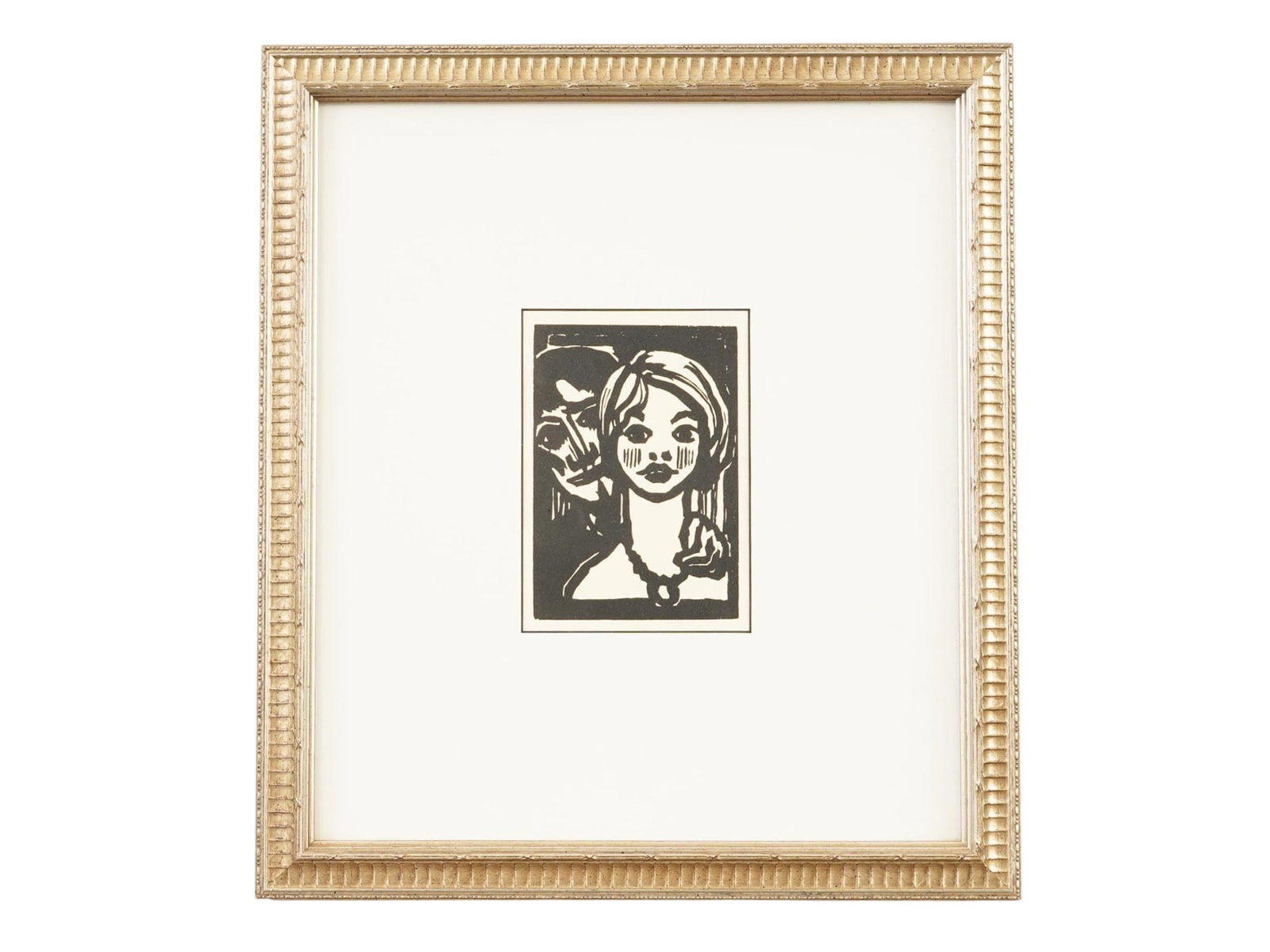 GERMAN EXPRESSIONIST WOODCUT PRINT AFTER EMIL NOLDE: A woodcut print, A Man and a Young Girl, after the original artwork, 1925, by Emil Nolde, German, 1867 to 1956. Framed. Emil Nolde is one of the leading German expressionist artists and is considered 