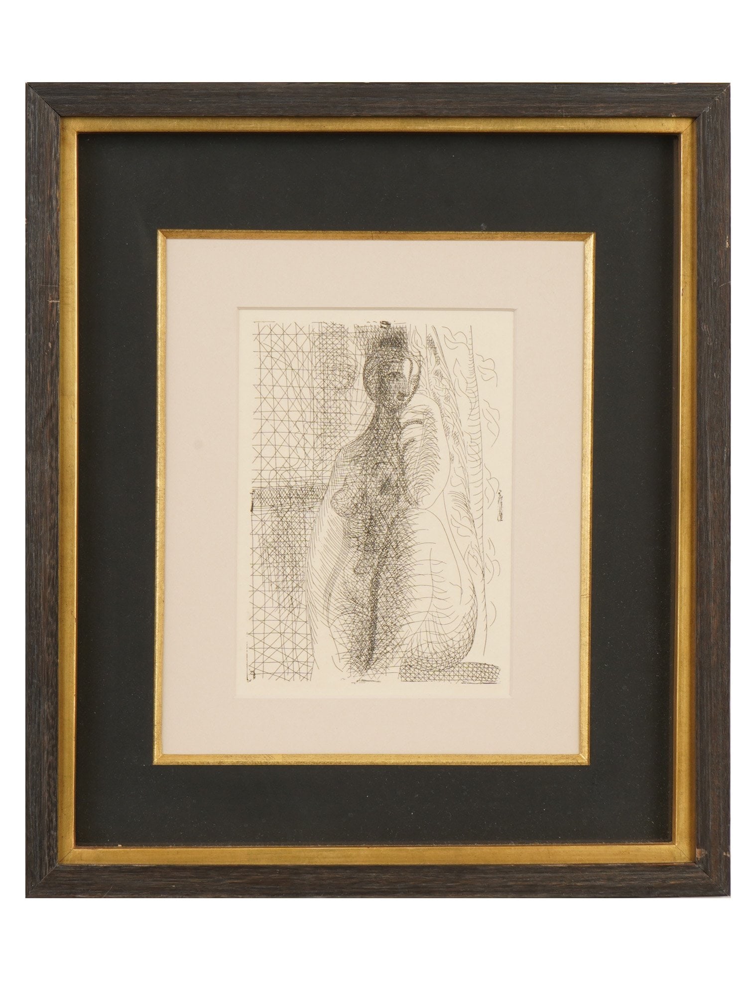 NUDE FEMALE PORTRAIT ETCHING AFTER PABLO PICASSO: An etching on paper, Nude Woman with a Bent Leg, after the original artwork, 1931 by Pablo Picasso, Spanish, 1881 to 1973. This work is part of the famous Vollard Suite, a series of 100 etchings creat
