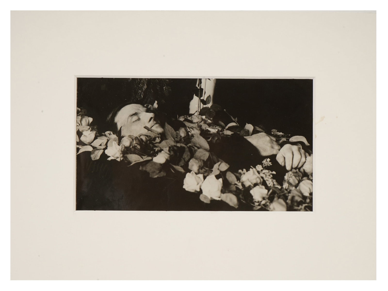 VINTAGE RUSSIAN PHOTOGRAPH OF VLADIMIR MAYAKOVSKY: A vintage photograph depicting the Russian Futurist poet Vladimir Mayakovsky, 1893 to 1930 in his coffin, Moscow, April 1930. Matted. Photographs, Prints, USSR, Constructivism, Literary History, Sovie