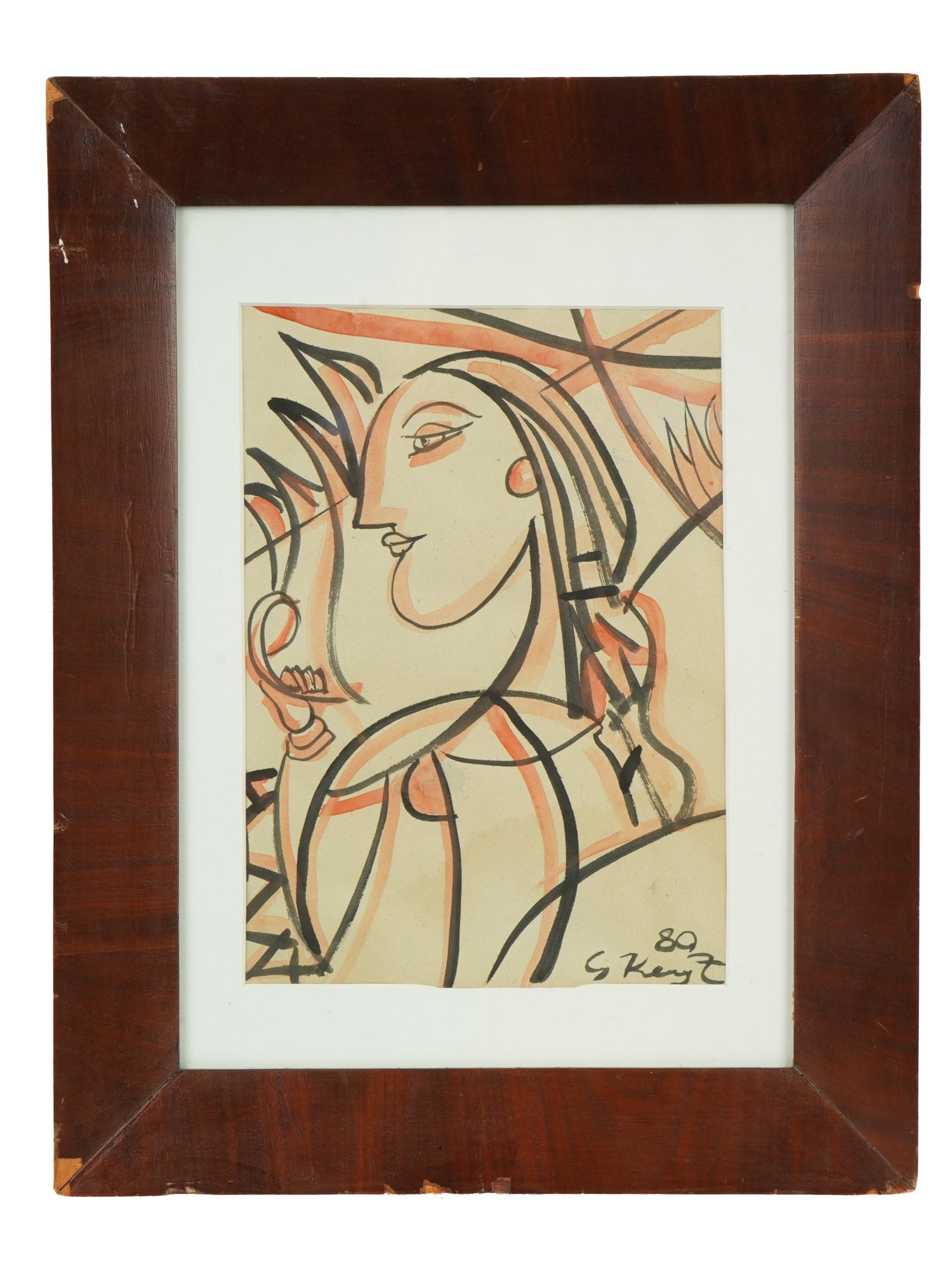 SRI LANKAN PAINTING SIGNED GEORGE KEYT 1980: A watercolor painting on paper signed George Keyt, Sri Lankan, 1901 to 1993, and dated 1980 lower right. The composition reflects the South Asian Cubism style, featuring an idealized female figure wit
