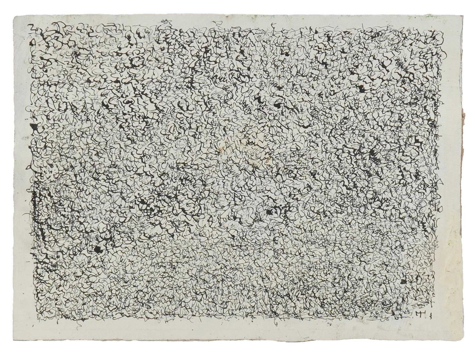 FRENCH ABSTRACT INK PAINTING SIGNED HENRI MICHAUX: An ink painting on cardboard depicting an abstract expressionist composition. Inscribed lower right. Stamped on the backside. Henri Michaux, French, 1899 to 1984, was a Belgian born French poet, write