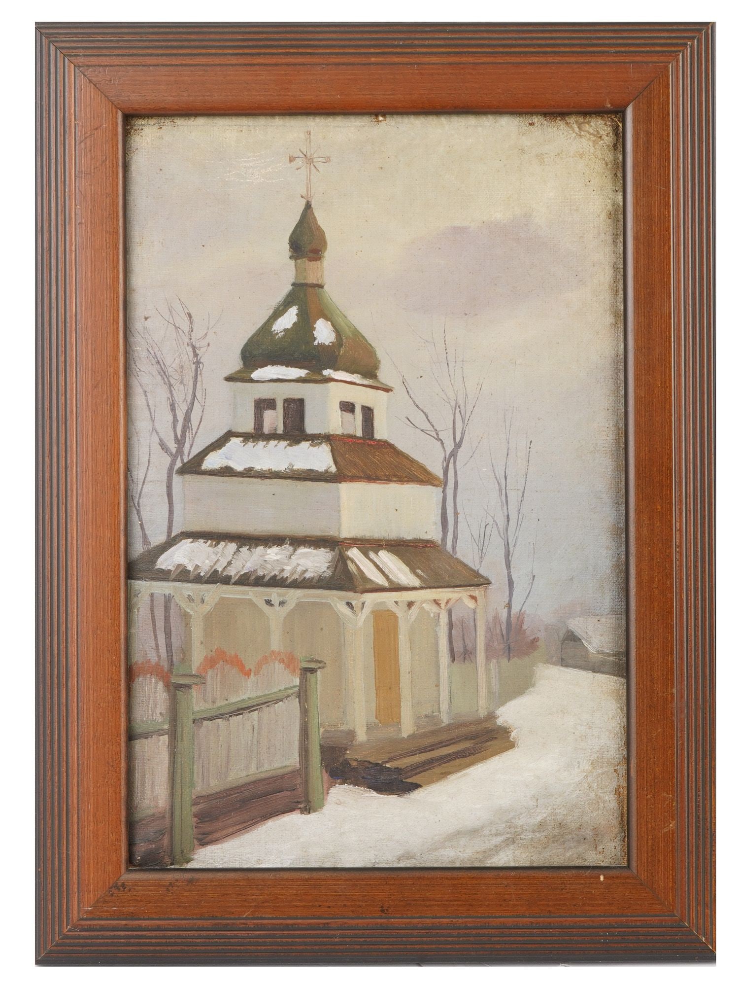 YURI PAVLOVICH UKRAINIAN RURAL CHURCH OIL PAINTING: Yuri Pavlovich, Ukrainian, 1874 to 1947, an oil painting on canvas depicting a church in a rural winter landscape. Framed. Yuri Pavlovich was a Ukrainian painter, ethnographer, and researcher of Ukrai