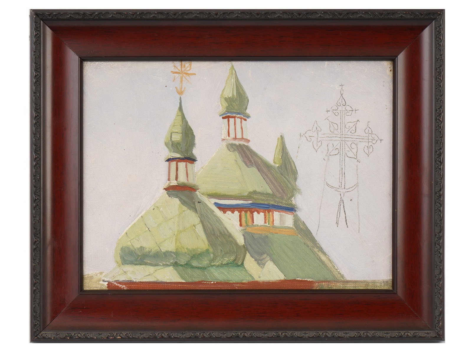 YURI PAVLOVICH UKRAINIAN CHURCH SKETCH OIL PAINTING: Yuri Pavlovich, Ukrainian, 1874 to 1947, an oil painting on canvas depicting a sketch of a church. Framed. Yuri Pavlovich was a Ukrainian painter, ethnographer, and researcher of Ukrainian folk cultur