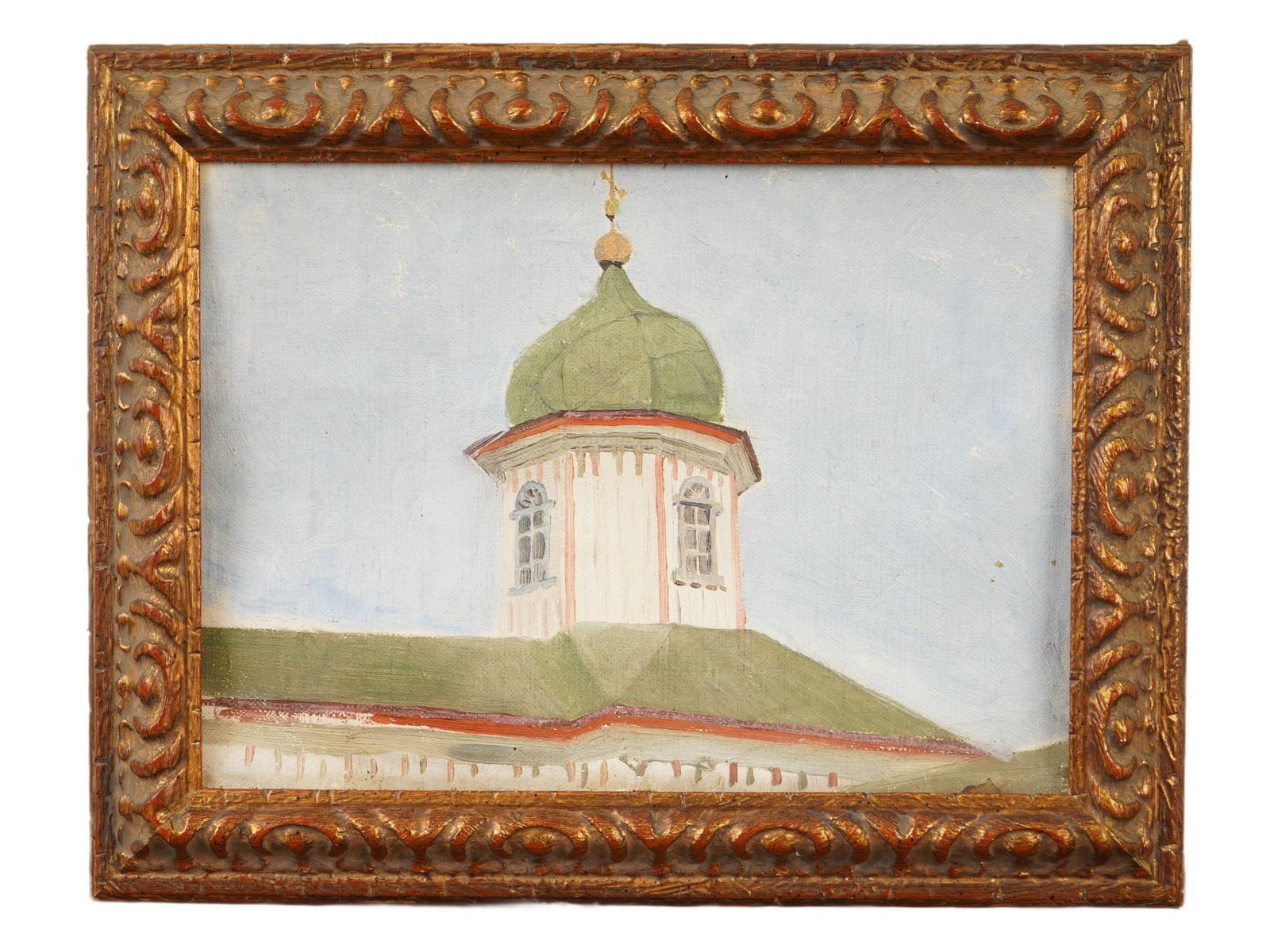 YURIY PAVLOVICH UKRAINIAN PAINTING ORTHODOX CHURCH: Yuriy Pavlovich, Ukrainian, 1874 to 1947, an oil painting on canvas depicting the exterior roofline and luminous green dome of a Russian Orthodox church. Framed. Pavlovich is renowned not only as a pa