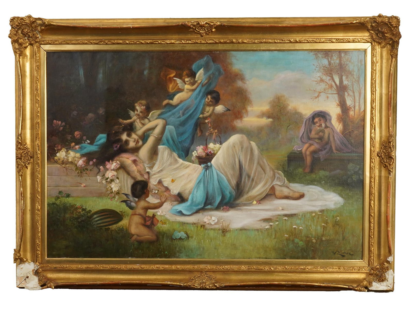 AUSTRIAN ALLEGORY OIL PAINTING SIGNED HANS ZATZKA: An oil painting on canvas depicting a scene with a young woman and putti in a garden, an Allegory of Love. Signed, H. Zatzka, lower right. Framed. Additionally inscribed on the backside. Hans Ronsard 