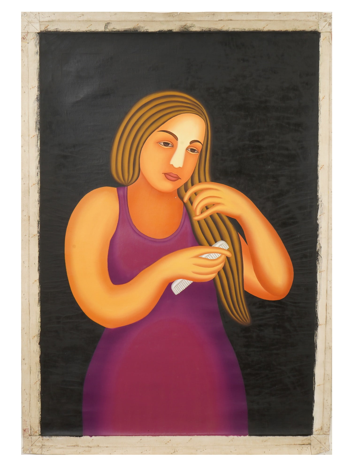 MID CENTURY INDIAN PAINTING SIGNED MANJIT BAWA: A mid-century Indian school oil painting on canvas depicting a woman in a purple dress combing her long hair against a stark, dark background. Signed on verso Manjit Bawa and dated 1986. The artist is