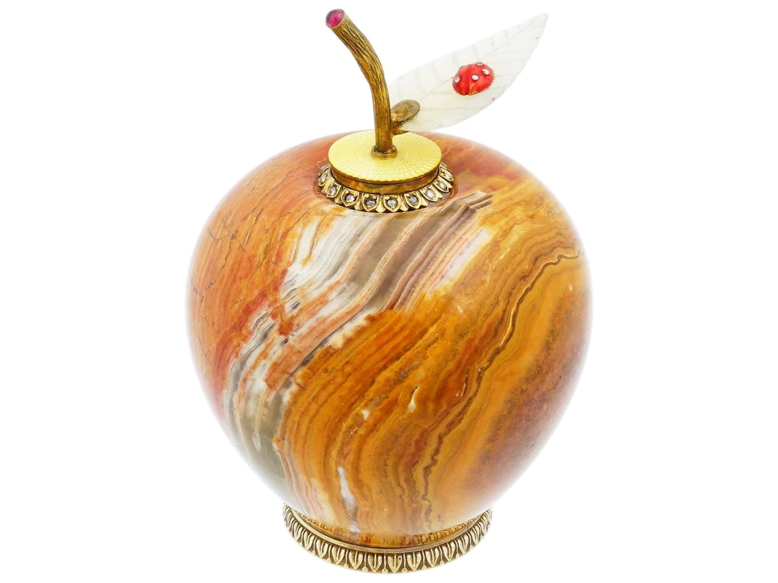 RUSSIAN SILVER HARDSTONE & ENAMEL APPLE GUM POT W DIAMONDS: A Russian hand carved hard stone desktop gum pot (glue vessel).Carved from banded agate/hardstone in the form of an apple, the piece rests on a cast leaf-and-dart silver-gilt base ring. The vessel is 