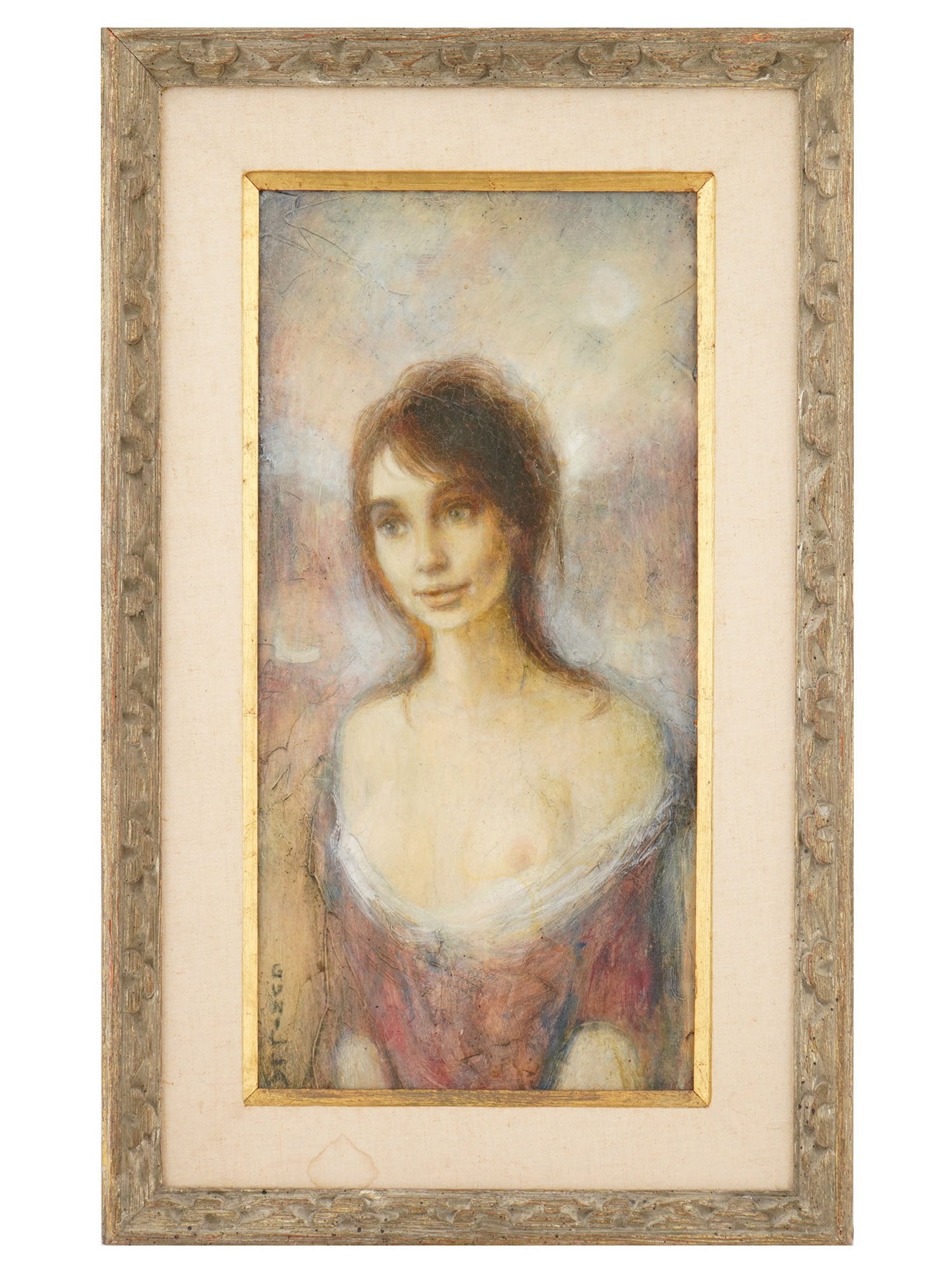 VINTAGE TEXTURED PRINT ON BOARD FEMALE PORTRAIT: A vintage textured print on board female portrait. The female portrait is depicted with dark hair and a serene expression, set against an atmospheric background that suggests a classical or romantic i