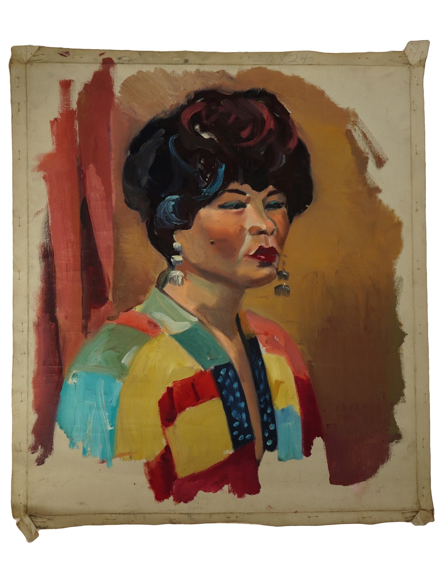 AMERICAN FEMALE PORTRAIT OIL PAINTING SIGNED: Oil on canvas painting. American, late 20th century. The artwork depicts a portrait of a woman. Signed by the artist on the backside, Savitt. Collectible Fine Art, Portraiture. THIS LOT IS ELIG