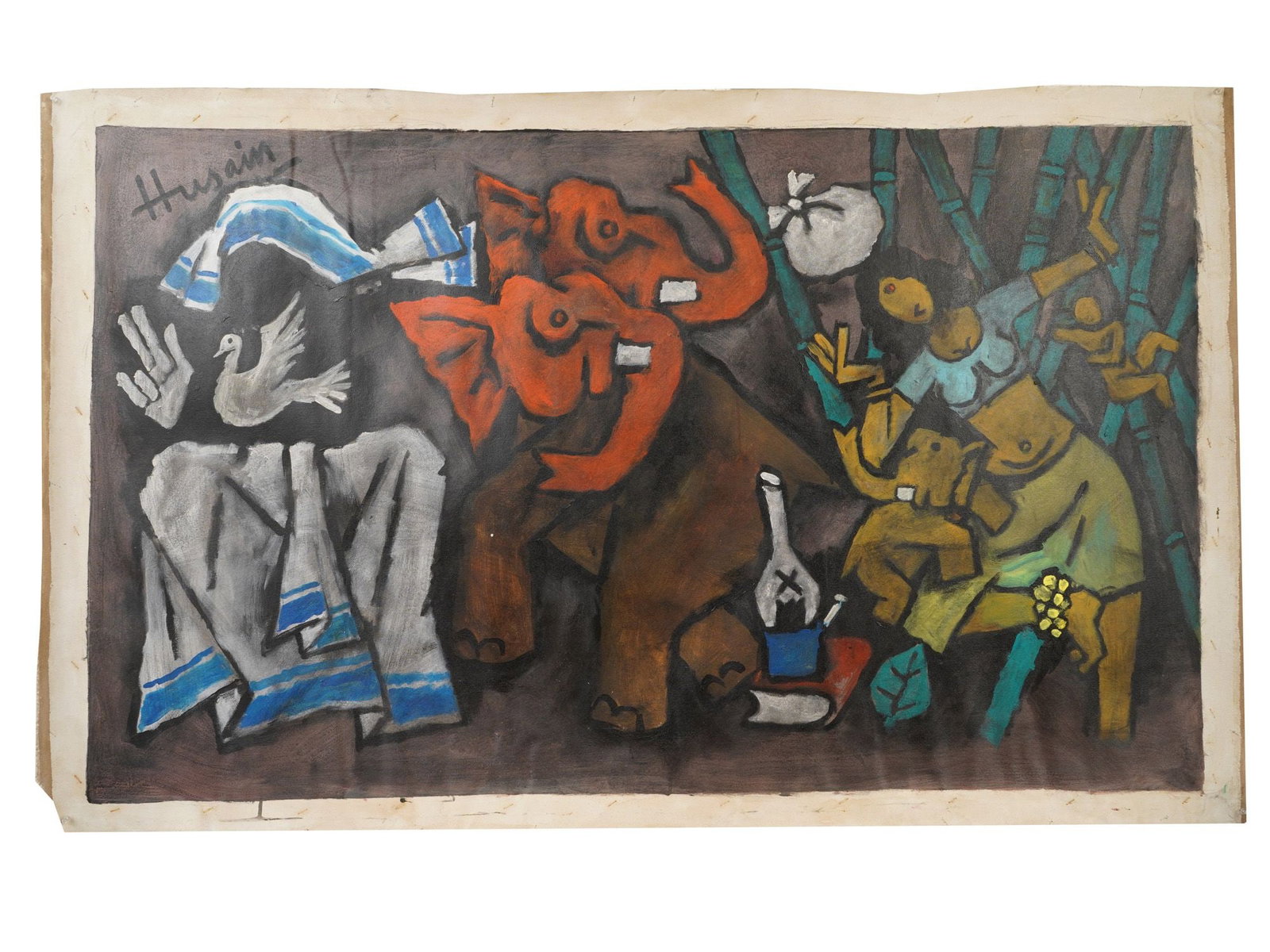 ACRYLIC PAINTING SIGNED MAQBOOL FIDA HUSAIN: An acrylic painting on canvas, depicting a multi-figure genre scene. Signed, Husain upper left. Maqbool Fida Husain, 1913 to 2011, was an Indian artist known for executing bold, vibrantly coloured nar
