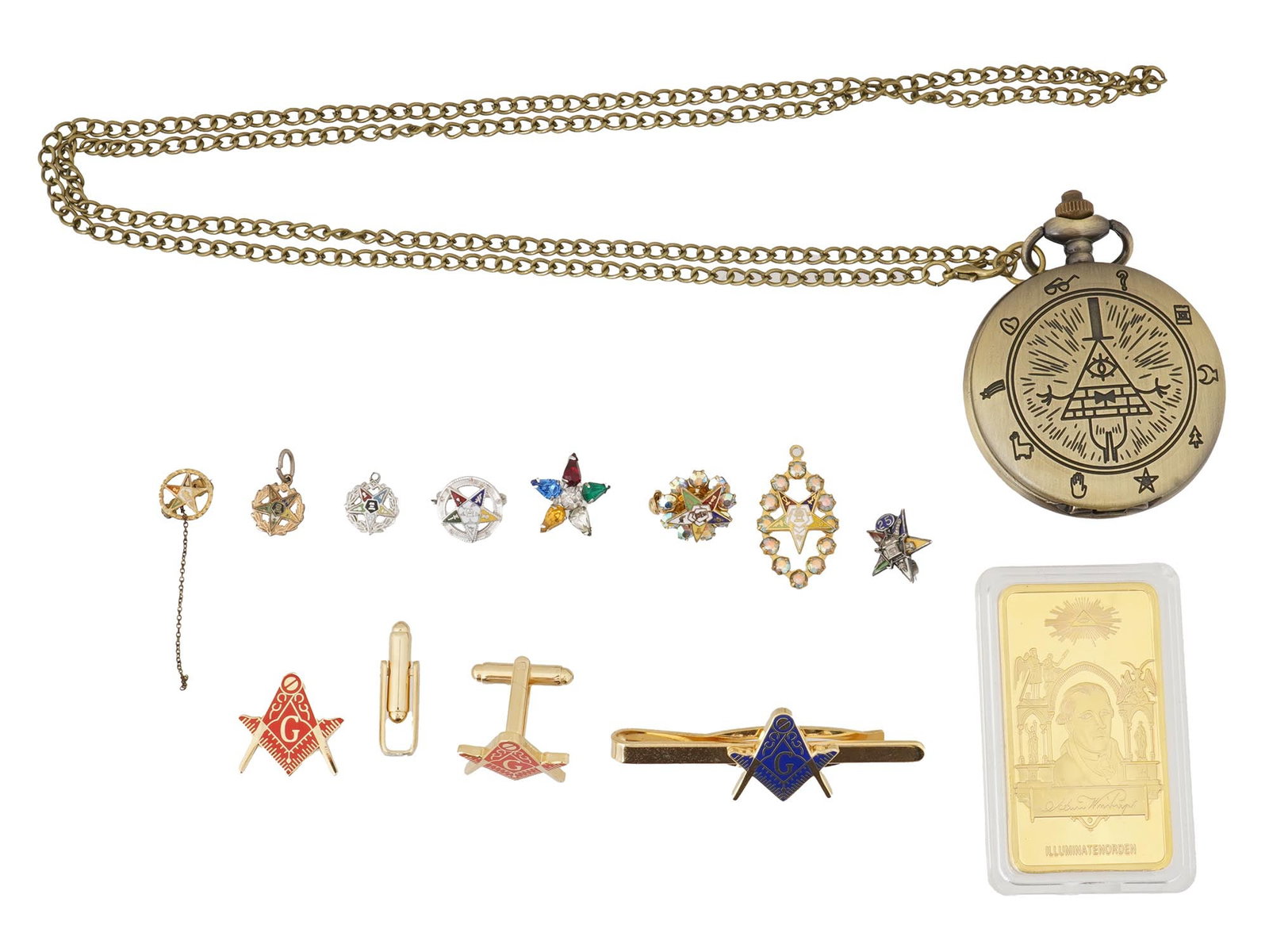 VINTAGE MASONIC JEWELRY ACCESSORIES AND POCKET WATCH: A lot of vintage accessories with Masonic symbols. A total of 12 items, including jeweled Masonic star pendants and pins, Illuminati plaque, a tie clip, a pair of cufflinks, and a Gravity Falls pocket
