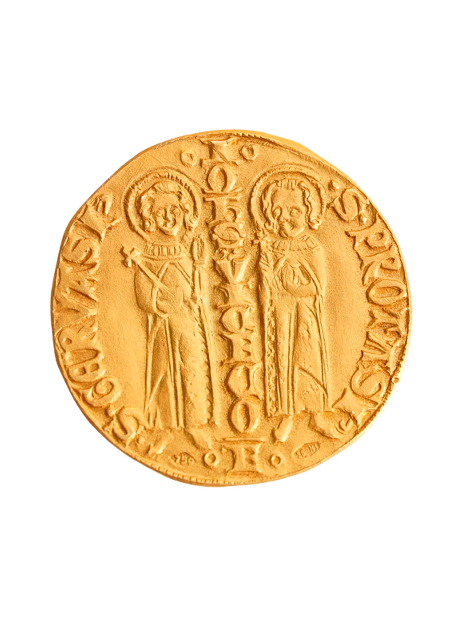 ANCIENT STYLE ITALIAN AMBROSINO D ORO GOLD COIN: An Ancient Style Italian Ambrosino d Oro gold coin. Circa First Ambrosian Republic, 1250 to 1310. The obverse depicts two saints standing. The reverse depicts Saint Ambrose, nimbate, standing and faci