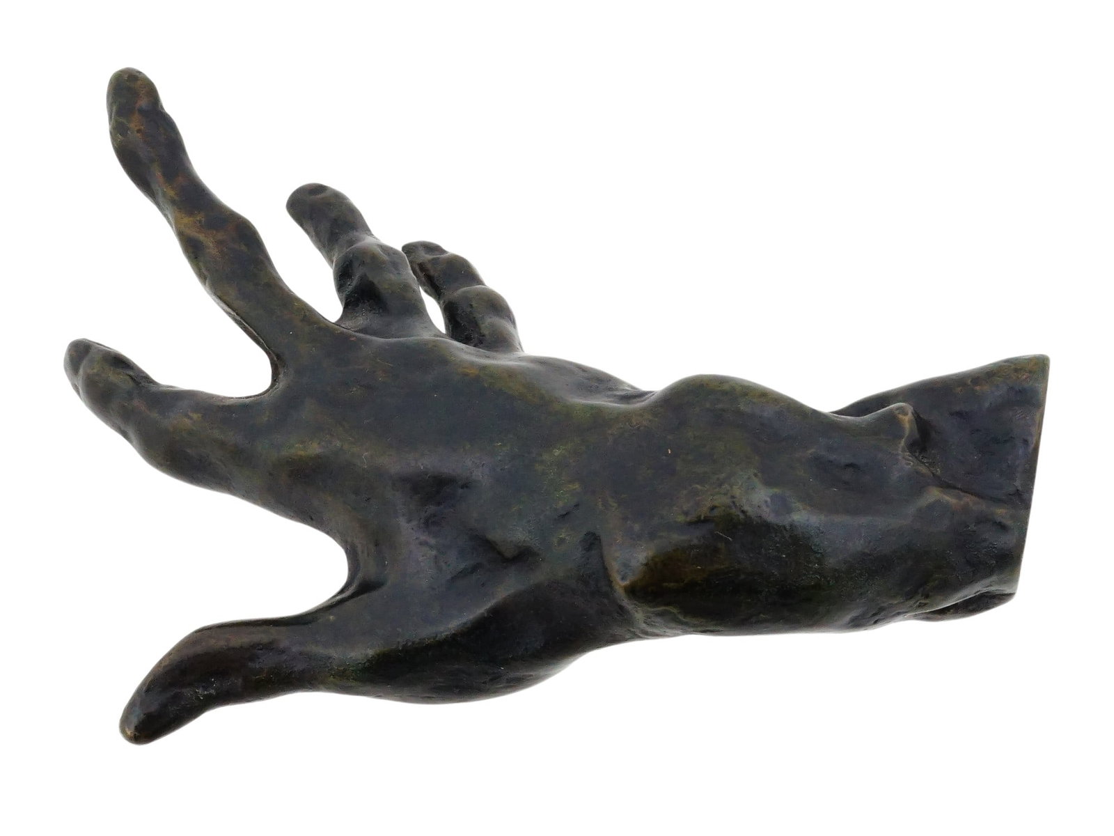 AFTER AUGUSTE RODIN FRENCH BRONZE SCULPTURE HAND: After Auguste Rodin, French, 1840 to 1917, a bronze sculpture of a hand, reflecting the artists renowned exploration of expressive human form. Identified as The Clenched Hand or a study related to the