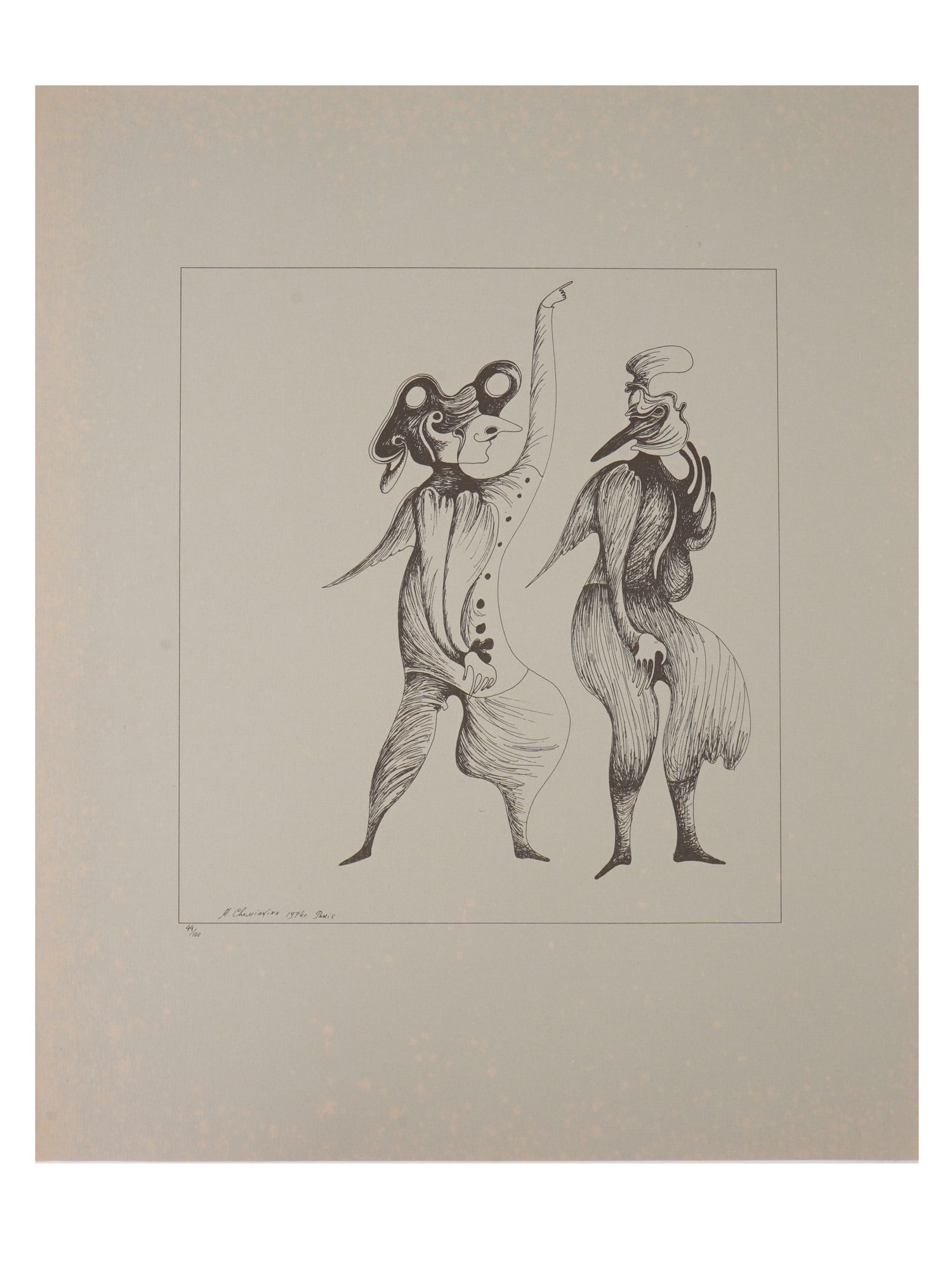 LTD RUSSIAN LITHOGRAPH BY MIHAIL CHEMIAKIN SIGNED: Mihail Chemiakin, Russian Soviet era, born 1943, a limited edition lithograph on paper depicting a genre scene with a pair of surrealist characters. Signed, dated 1974, inscribed, Paris, and numbered 