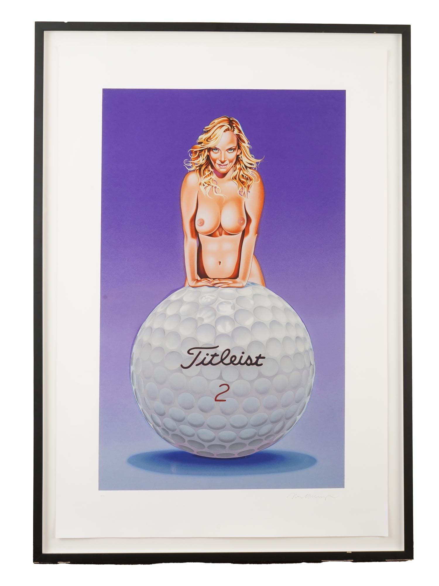 AMERICAN POP ART LITHOGRAPH AFTER MEL RAMOS SIGNED: A Contemporary color lithograph on paper after the artwork by American artist Mel Ramos, 1935 to 2018, a prominent figure in Pop Art. The piece is titled Titleist Tisch, also known as Titleist