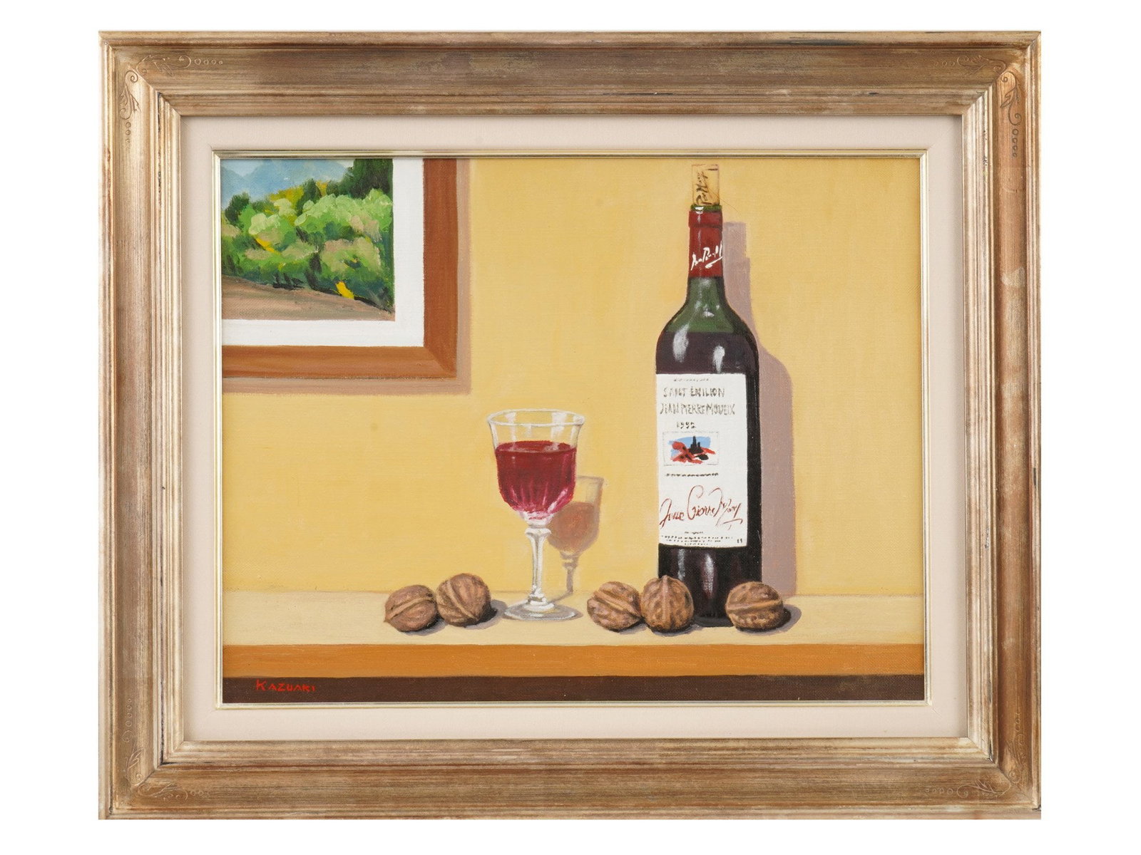 VINTAGE OIL STILL LIFE W WINE PAINTING BY KAZUAKI: A vintage oil on canvas still life painting by Kazuaki. The painting depicts a balanced composition with a bottle and glass of wine and walnuts on a table against a beige background. Signed lower left