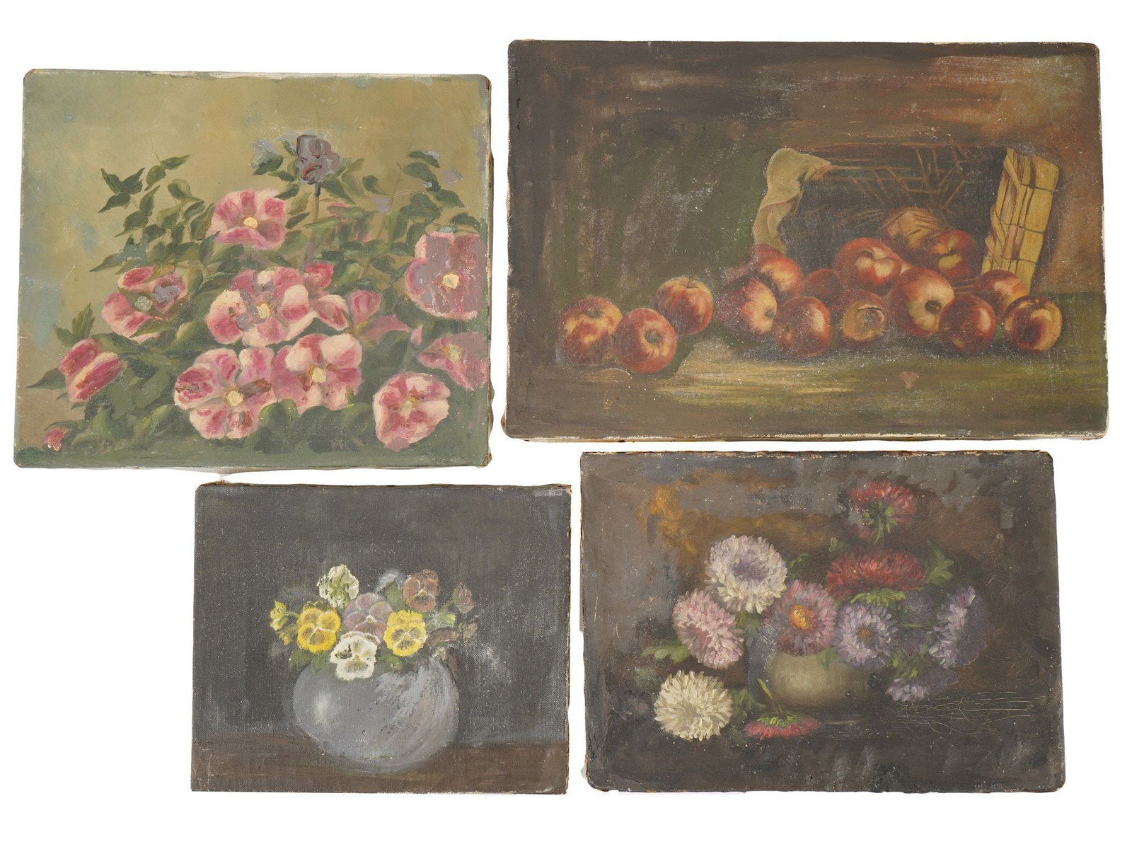 GROUP OF FOUR STILL LIFE OIL PAINTINGS: A group of four still life oil on canvas paintings. It includes a study of pink blossoms, a bowl of yellow pansies, a mixed floral arrangement, and a horizontal composition of apples. One work is