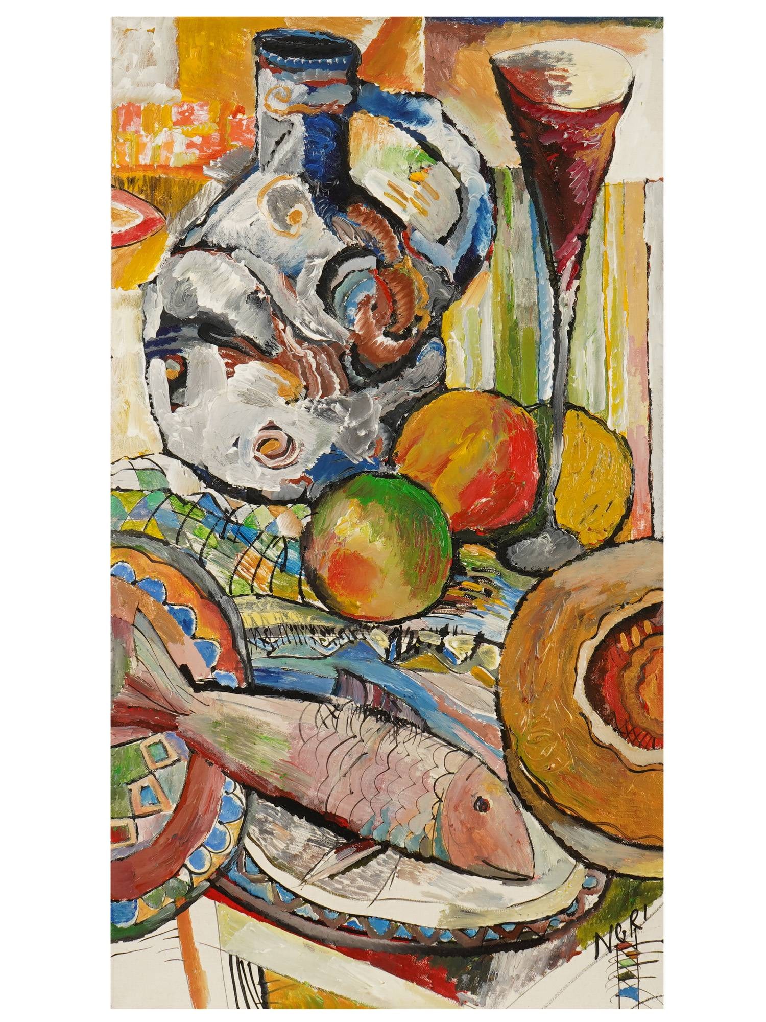 OIL STILL LIFE PAINTING BY ALEXANDER DRAGOVOY: An oil on canvas still life painting by Alexander Dragovoy, a contemporary Russian artist born in 1956, a master of easel graphics and painting. The painting features a bold composition of a fish on a