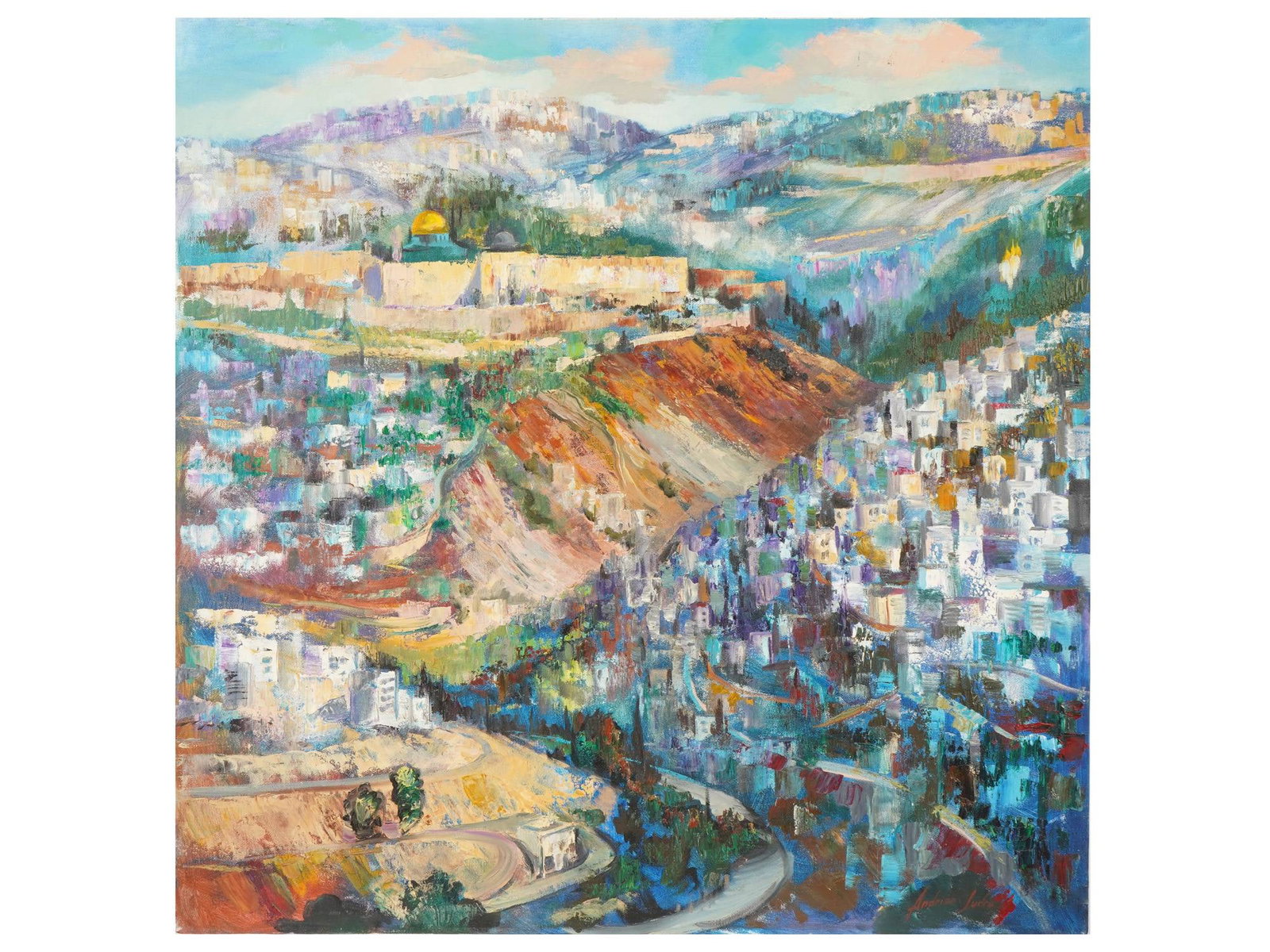 ISRAELI OIL JERUSALEM PAINTING BY ADRIAN JUDRO 2010: An oil painting on canvas by Israeli artist Adrian Judro, born in 1965 in Belarus. The painting depicts a vibrant, stylized view of the Old City of Jerusalem. The composition features iconic landmarks