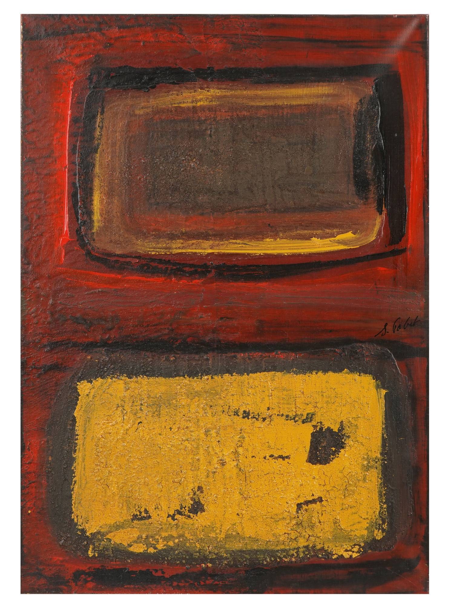 ALEXANDER VALDMAN AMERICAN ABSTRACT OIL PAINTING: An abstract oil painting on canvas by Alexander Valdman, Russian-American, titled Touch of Silence, dated 2000. The composition features two horizontally oriented rectangular fields of yellow and dark