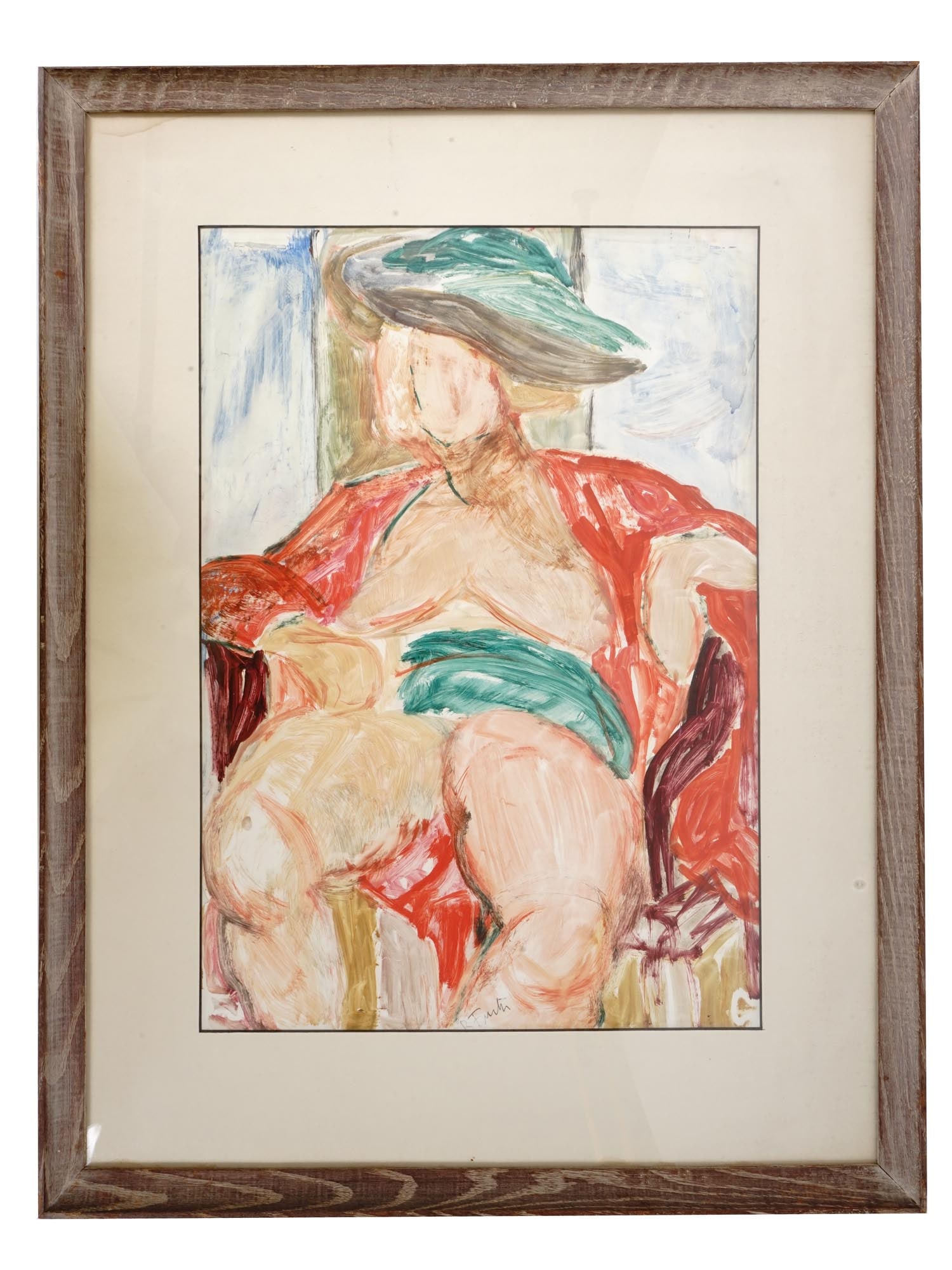 MID CENTURY ITALIAN ABSTRACT PORTRAIT PAINTING: A mid century abstract oil portrait painting depicting a man sitting in the chair. Singed R. Fuchi lower center. Matted and framed. Mid Century Italian Abstract Portrait Paintings For Collectors.