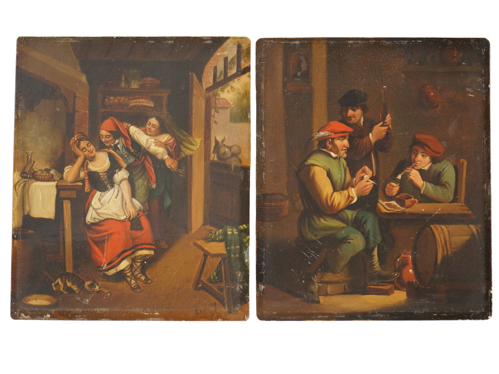 PAIR OF EUROPEAN SCHOOL GENRE OIL PAINTINGS: A pair of European school oil on copper genre paintings, offers a captivating glimpse into historical daily life through masterful character studies and rich chiaroscuro. The first panel depicts a hum