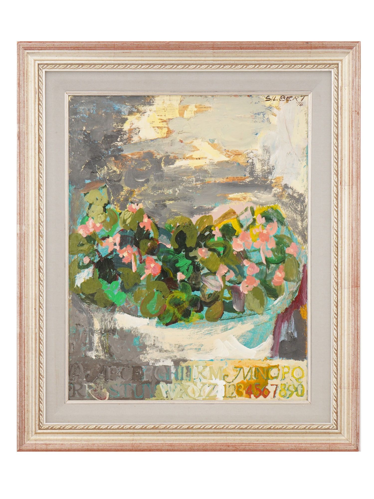 MODERNIST MIXED MEDIA PAINTING SIGNED BY SILBERT: A Modernist collage mixed media painting on canvas depicting a still life with flowers. Signed by the artist, Silbert, and dated 74, upper right. Framed. Modernist and Contemporary Fine Art, Floral
