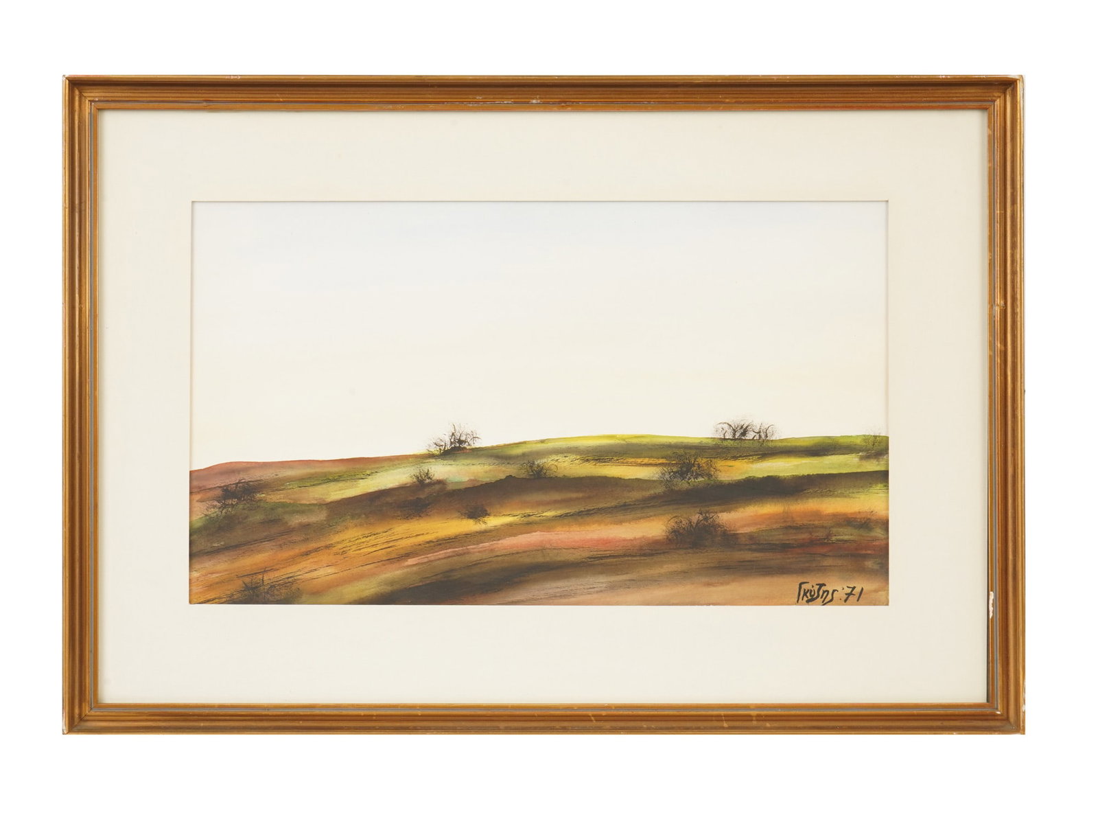 GREEK SCHOOL WATERCOLOR PAINTING SIGNED BY GYZIS: A Greek School watercolor painting on paper depicting a landscape in the Expressionist manner, 1971. Signed by the artist, Gyzis and dated 71, lower right. Framed. Modernist and Contemporary Fine