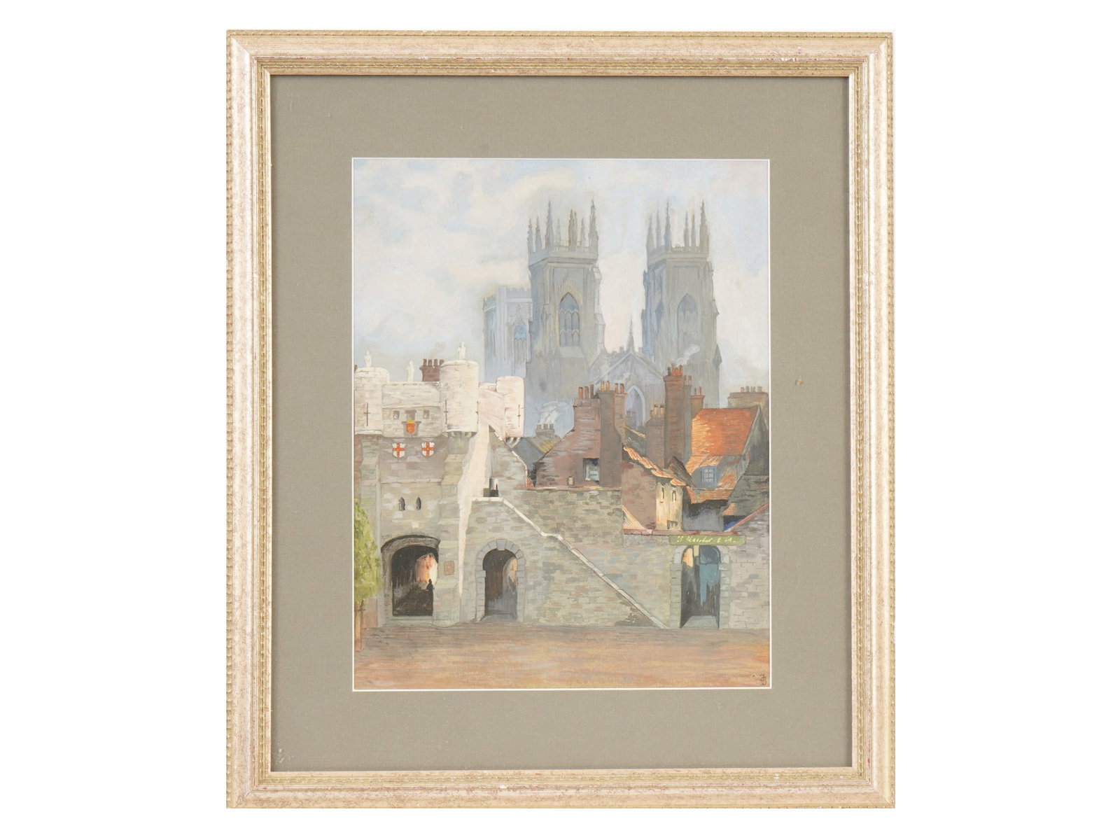 MID CENTURY PAINTING VIEW OF BOOTHAM BAR YORK MINSTER: A mid-century gouache or watercolor painting on paper depicting a historic view of Bootham Bar with York Minster in the background. The scene captures the charm of Yorks medieval architecture. Signed