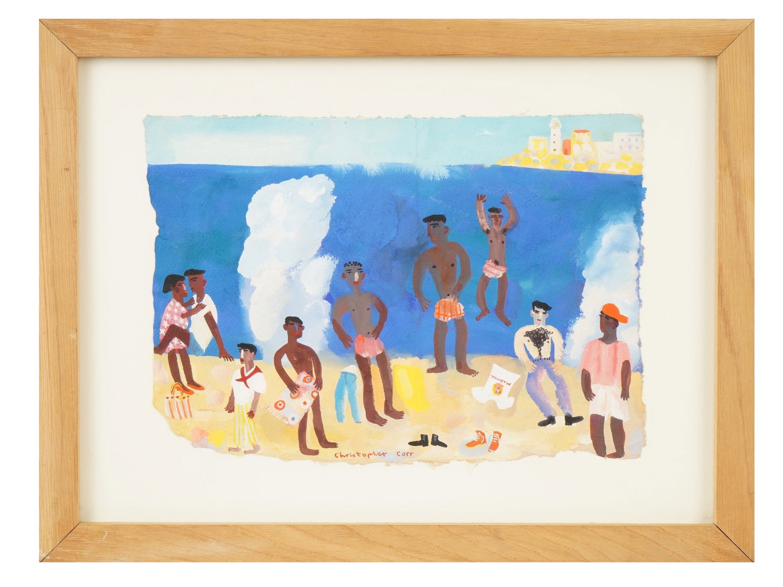 GOUACHE ON PAPER PAINTING SIGNED CHRISTOPHER CORR: A vintage gouache on paper painting signed Christopher Corr, born in London, 1955, artist and teacher. The painting depicts a multi-figure composition with a group of people on the beach. Signed