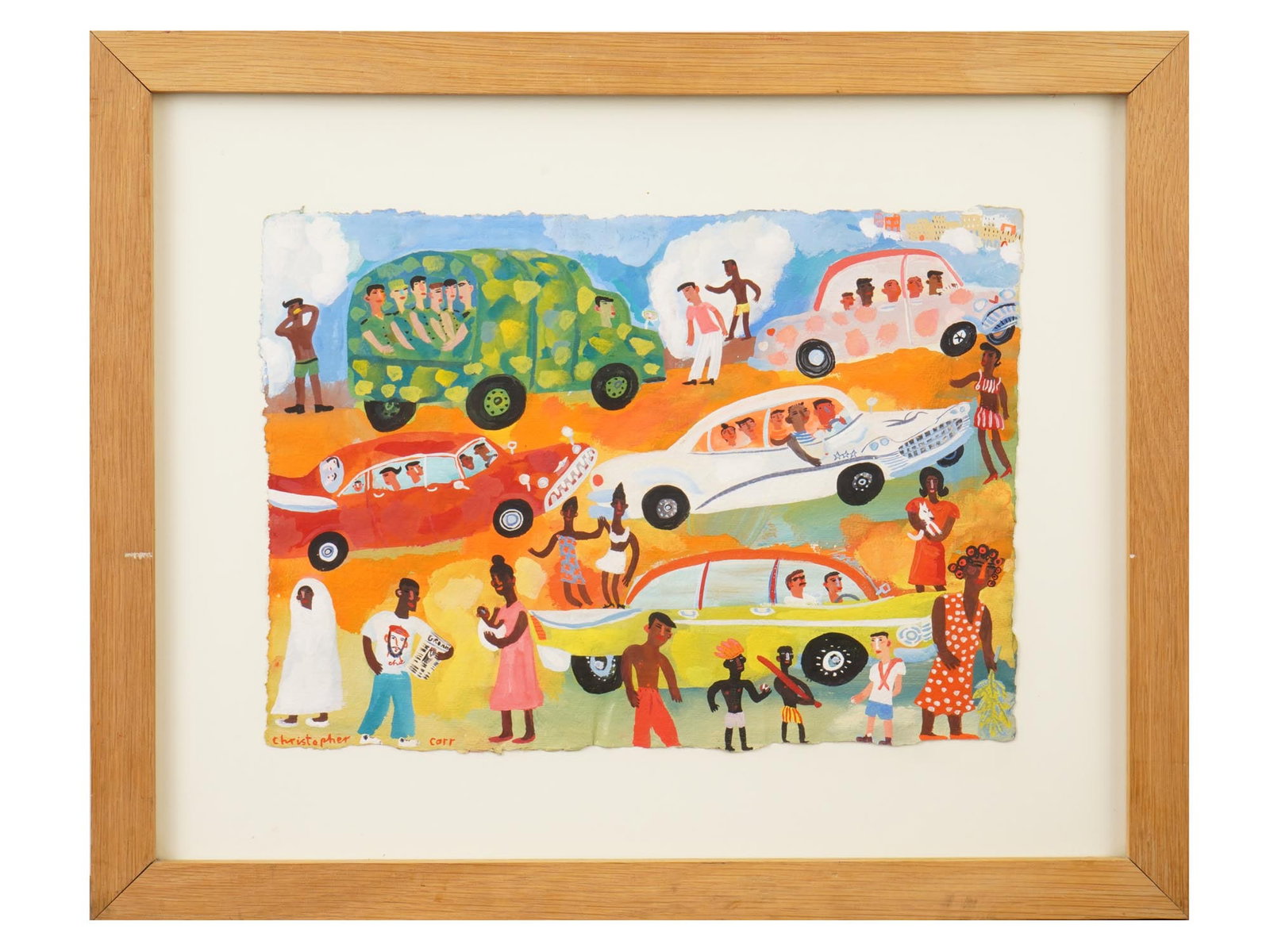 PAINTING SIGNED CHRISTOPHER CORR TRUCK ON THE MALECON: A gouache painting on paper by Christopher Corr, titled Troop Truck on the Malecon. Depicts a lively street scene in Havana, Cuba, along the famous Malecon boulevard, featuring colorful vintage cars