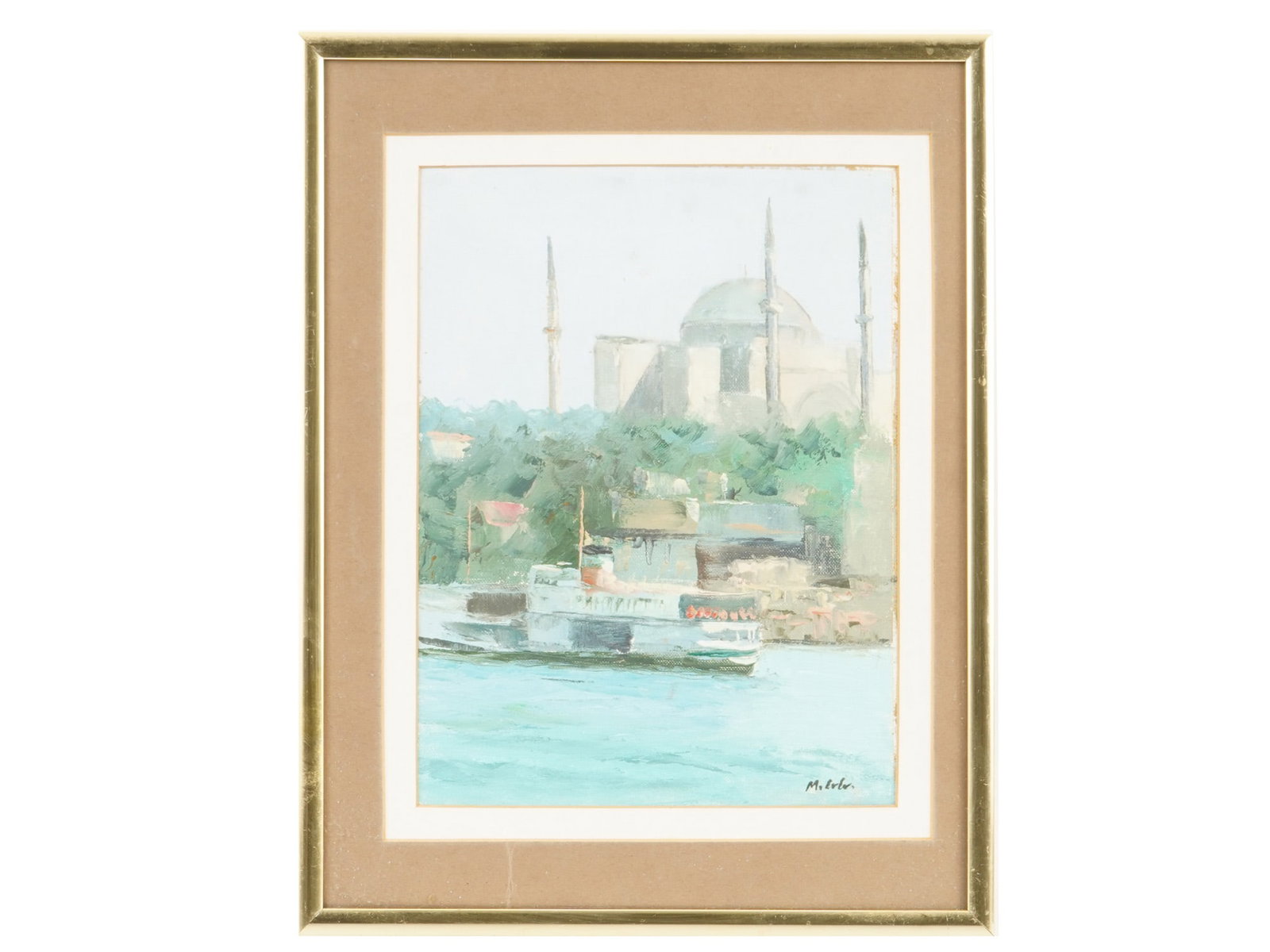 TURKISH ISTANBUL VIEW OIL PAINTING SIGNED BY ARTIST: A Modernist oil painting on canvas depicting a Marine view of the Hagia Sophia Ayasofya and a passing ferry in Istanbul. Signed by the artist, lower right. Framed. Modernist and Contemporary Fine