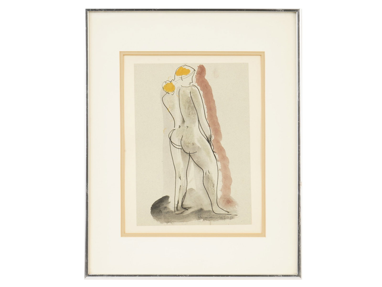 MODERNIST NUDE MIXED MEDIA PAINTING SIGNED BY ARTIST: A Mid 20th century mixed media painting on paper depicting a portrait of a nude woman. Signed by the artist and dated July 17, 1952, lower right. Framed. Modernist and Contemporary Fine Art,