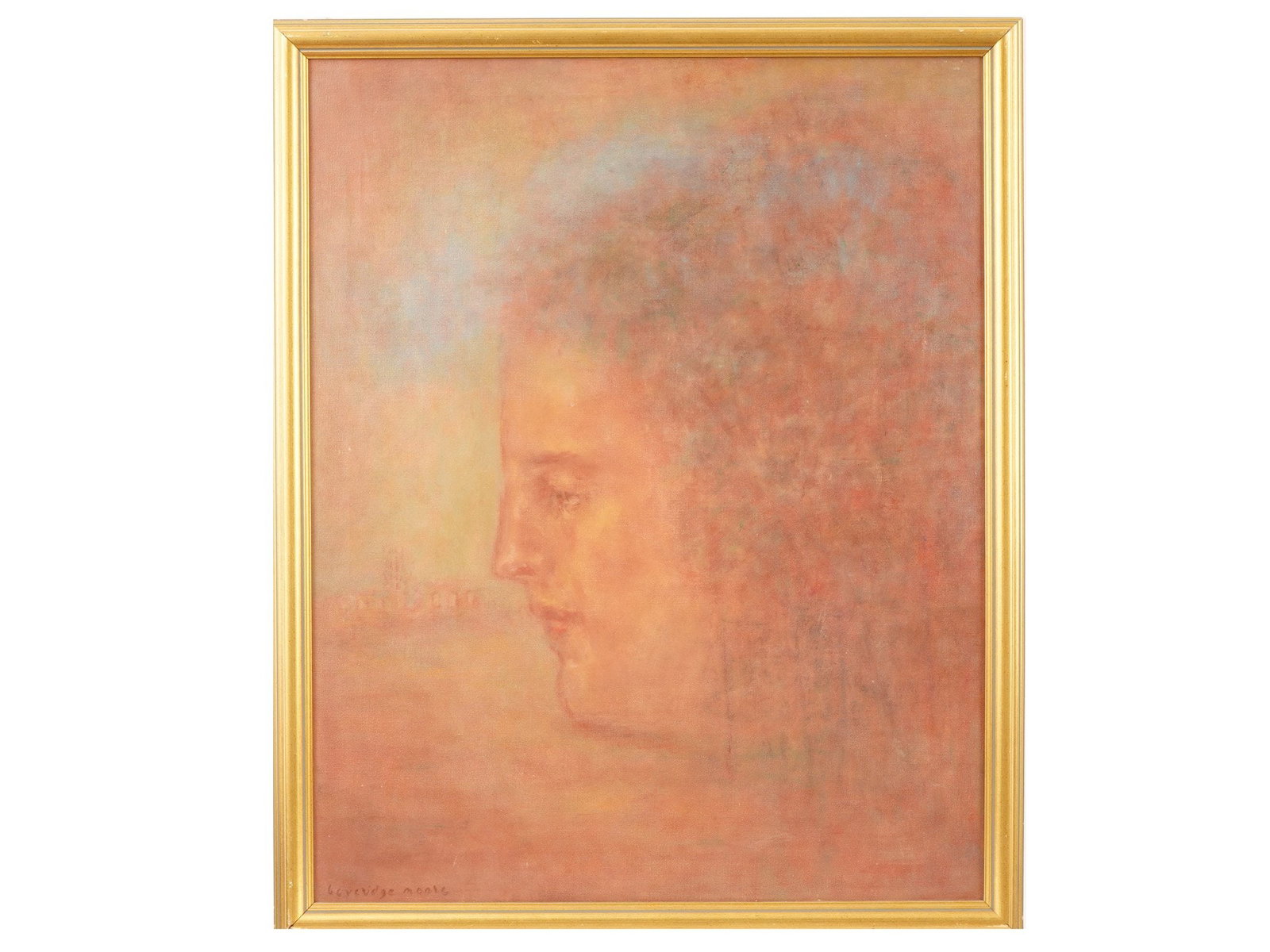 AMERICAN PORTRAIT OIL PAINTING BY BEVERIDGE MOORE: An oil on canvas painting by American artist Beveridge Moore, 1915 to 2001, depicts a profile portrait of a woman, titled Woman With Ruins on the verso. The work is rendered in a soft, atmospheric