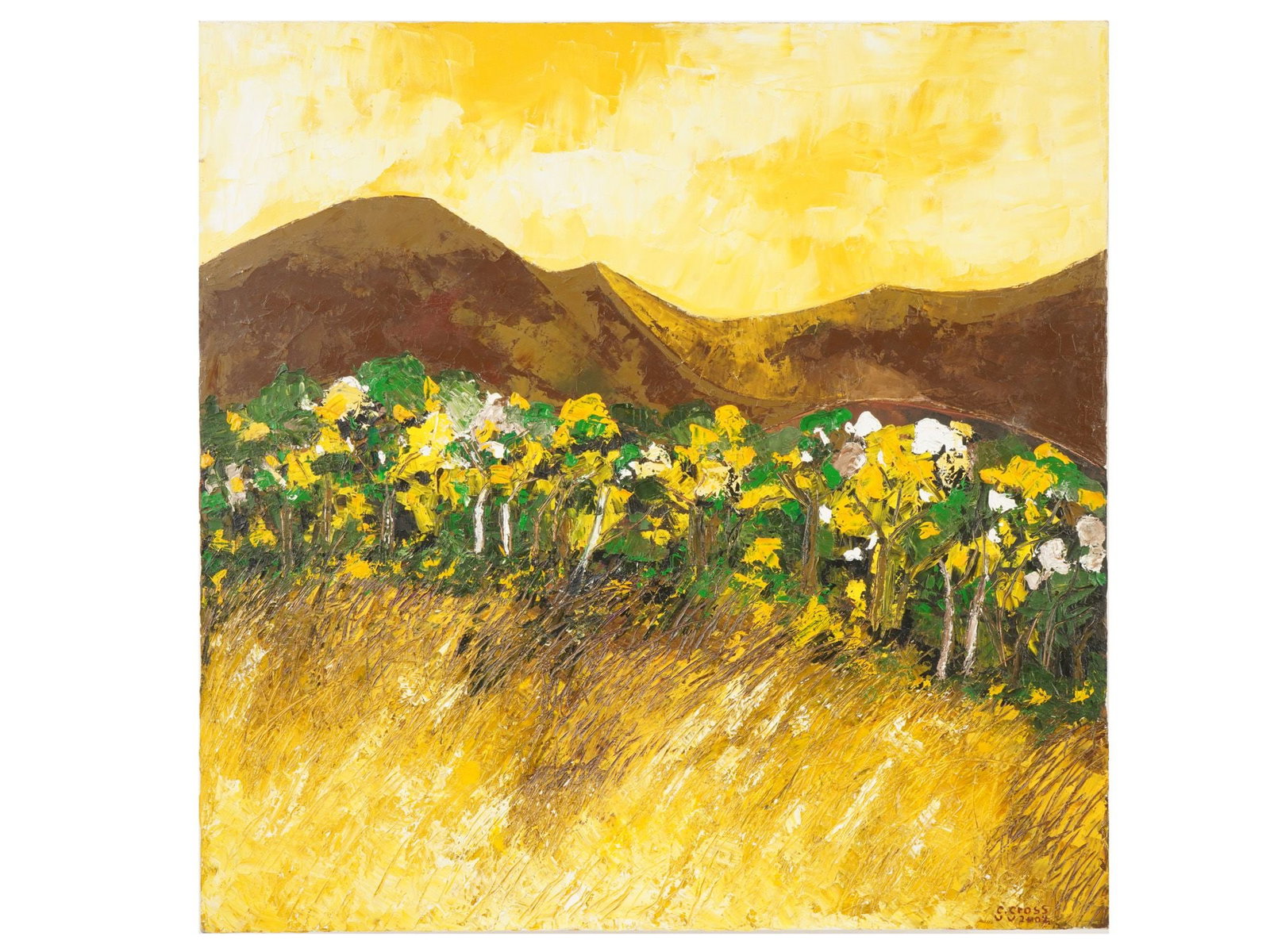 ECUADORIAN OIL PAINTING SIGNED GABRIEL GROSS 2002: An Ecuadorian oil on canvas painting signed Gabriel Gross, titled A Sunny Day in July, 2002. The square-format composition depicts a vibrant landscape featuring a dense line of trees with yellow and g