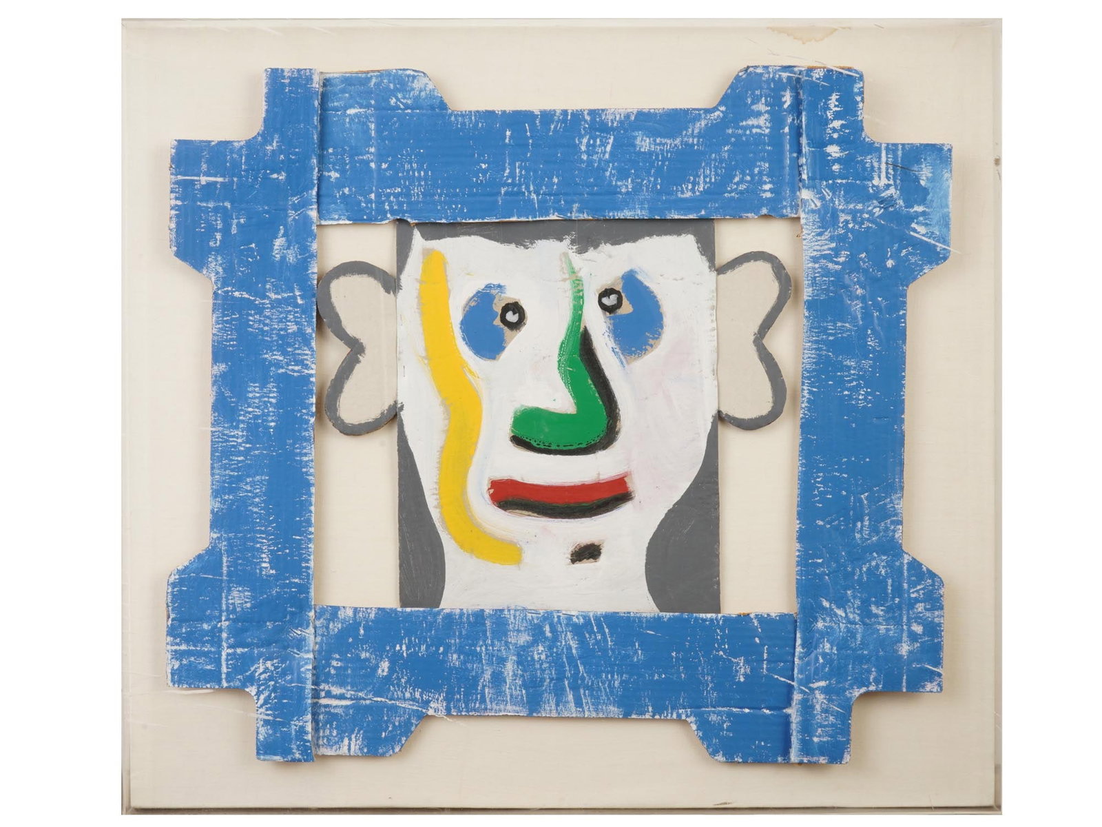 ATTR TO ROSIE CURRAN PORTRAIT MIXED MEDIA PAINTING: Attributed to Rosie Curran, a Contemporary British artist, a mixed media painting on cardboard and canvas depicting a portrait. Rosie Curran is a London based illustrator and artist known for her whim