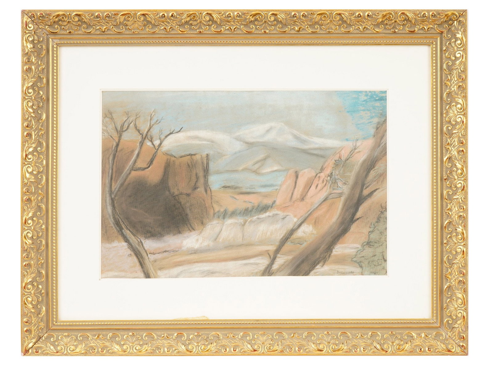 ATTR TO ANDREW DASBURG LANDSCAPE PASTEL PAINTING: A pastel painting on paper, attributed to American Modernist Andrew Dasburg, depicts an expansive mountain landscape characterized by rhythmic lines and a muted palette of ochre, sage, and cerulean. T
